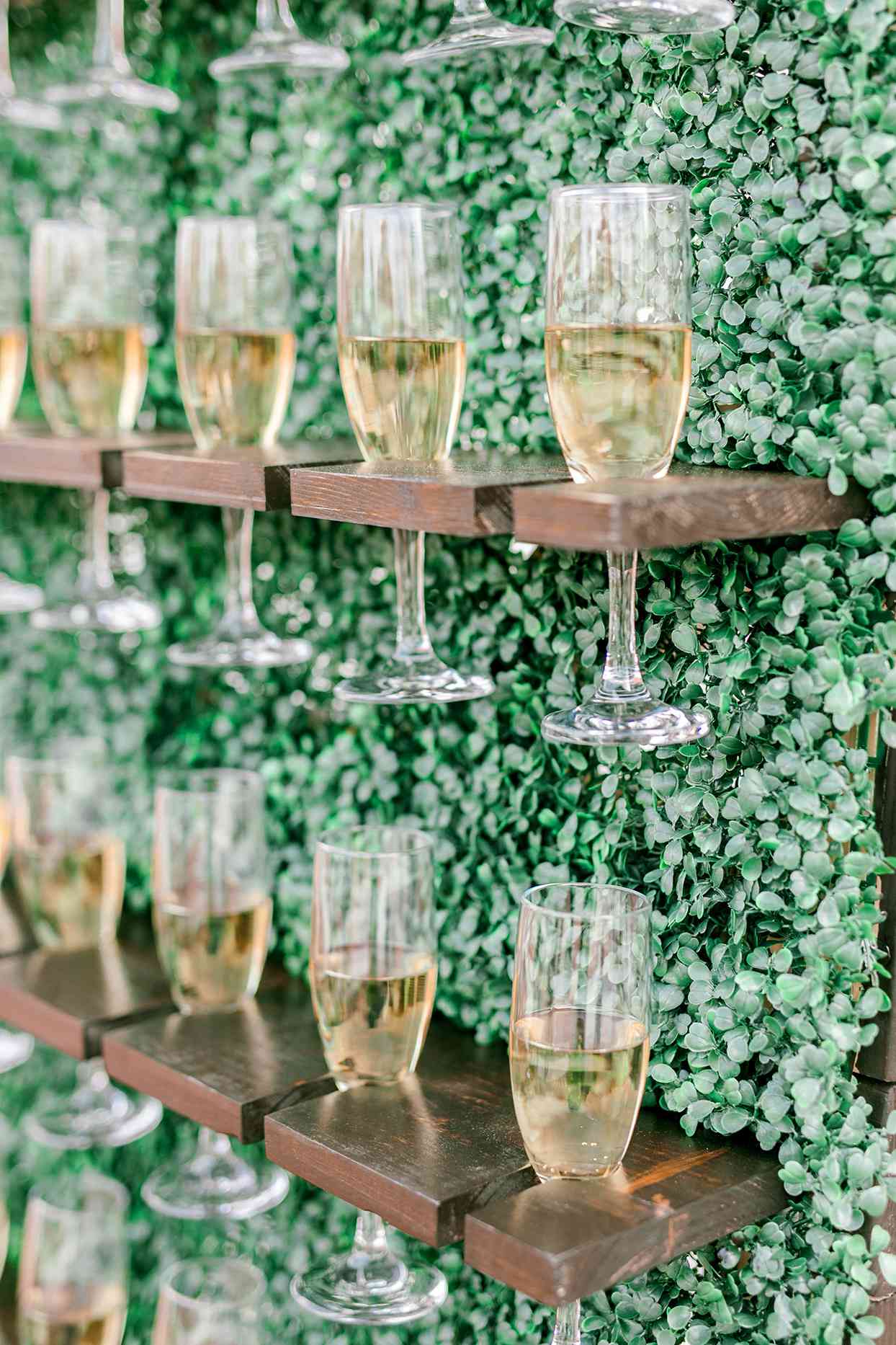 champagne wedding ideas glasses mounted on foliage