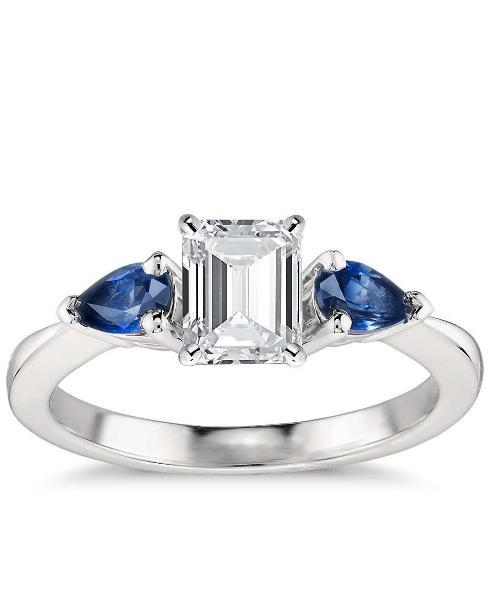 emerald cut ring platinum band with pear shaped sapphires