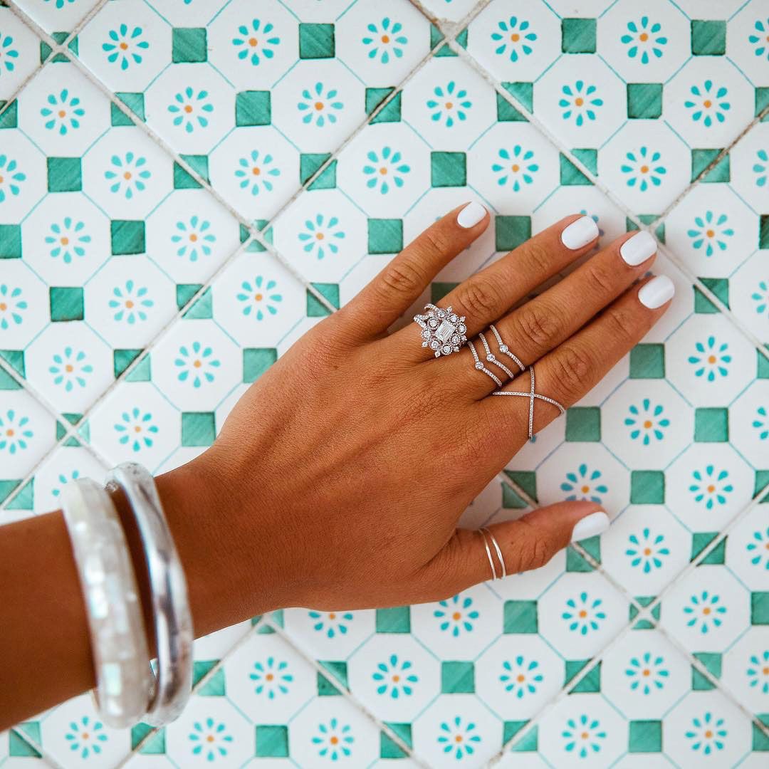 engagement ring selfie patterned turquoise tile