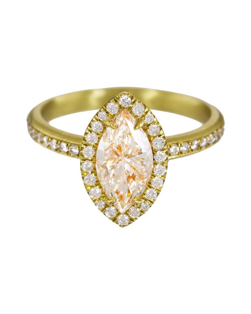 Marquise-Cut Engagement Ring with Diamond Shank Gold Band and Halo