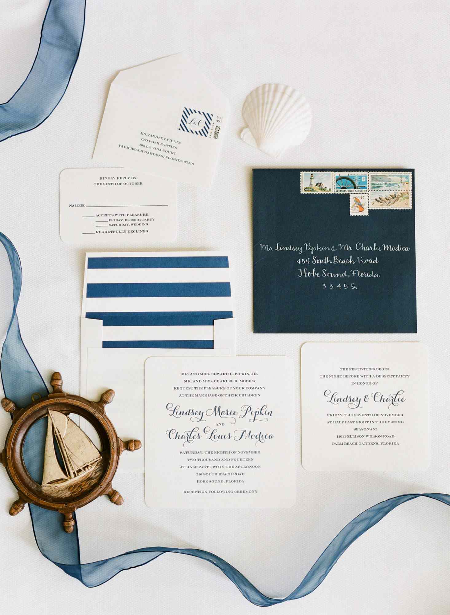 nautical invitation set beach element with blue calligraphy
