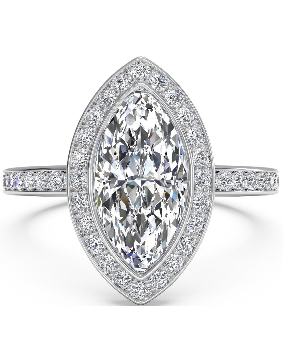 Marquise-Cut Vintage Engagement Ring with Halo and Micropav&eacute; Band