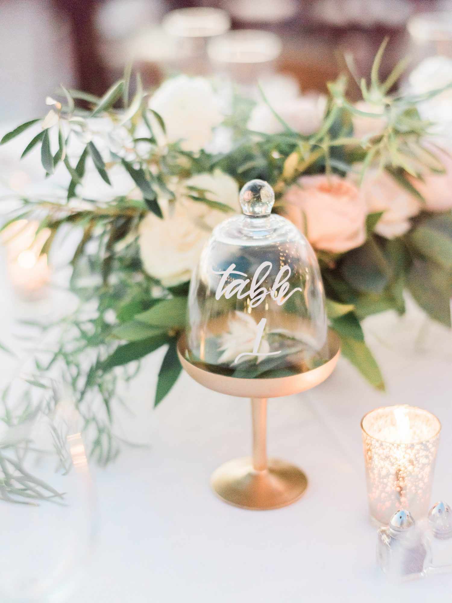 Elegant cloche and flower wedding table number with calligraphy
