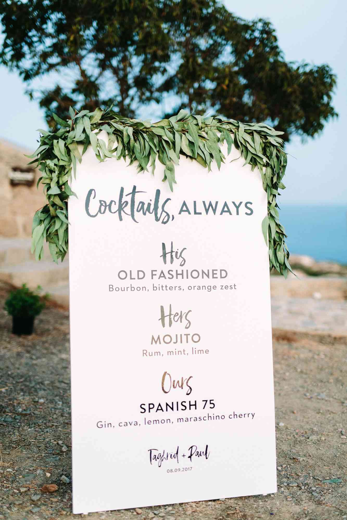 wedding bar sign menu paper greenery outdoor