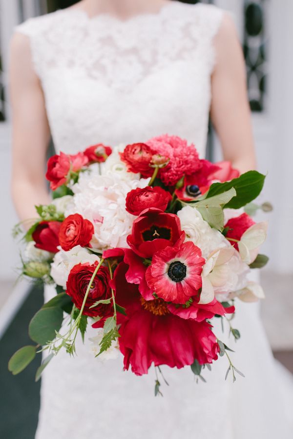 Red and White Bouquet with Ranunculus, Anemones, and Peonies