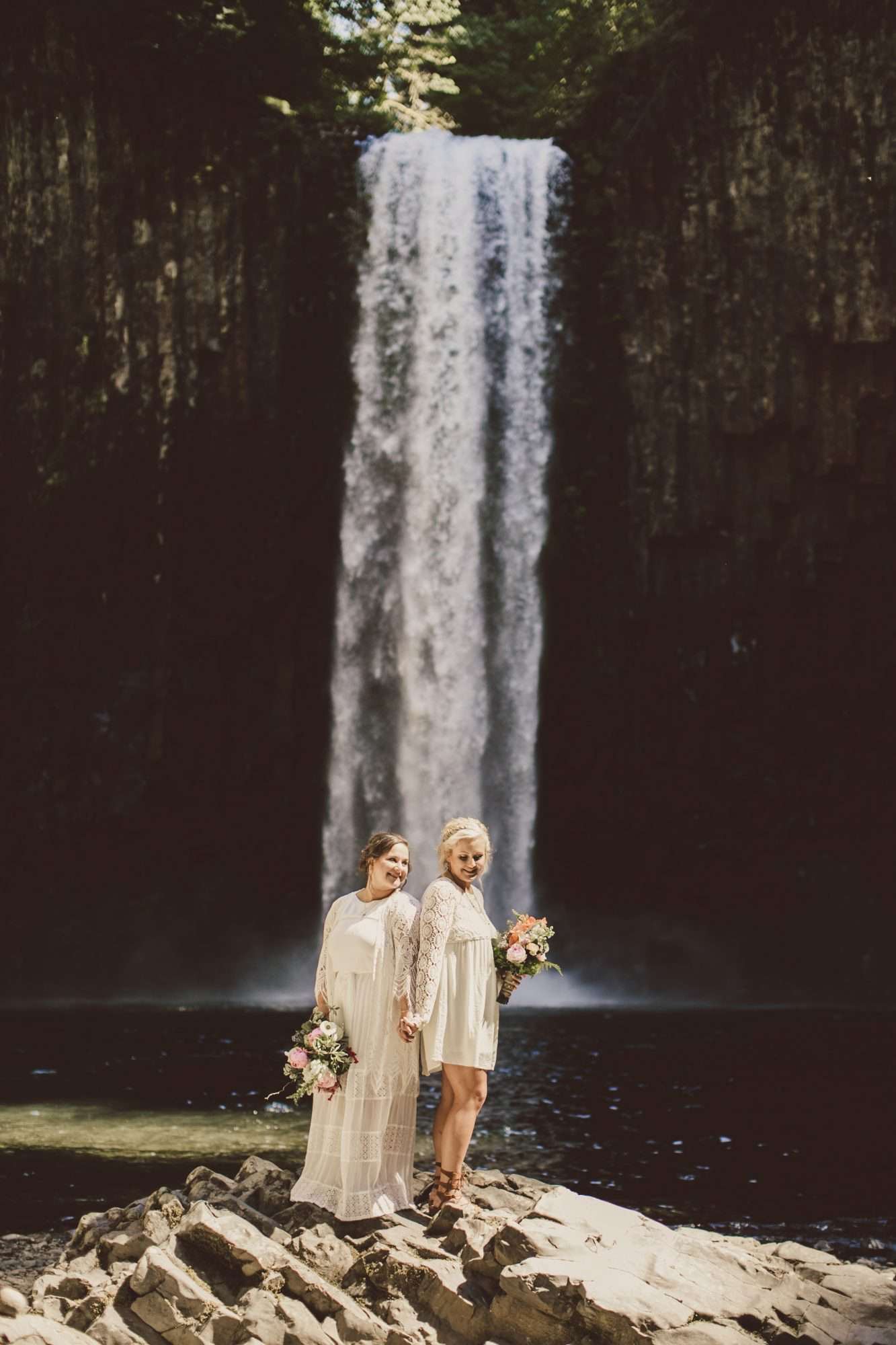 short wedding dress couple waterfall