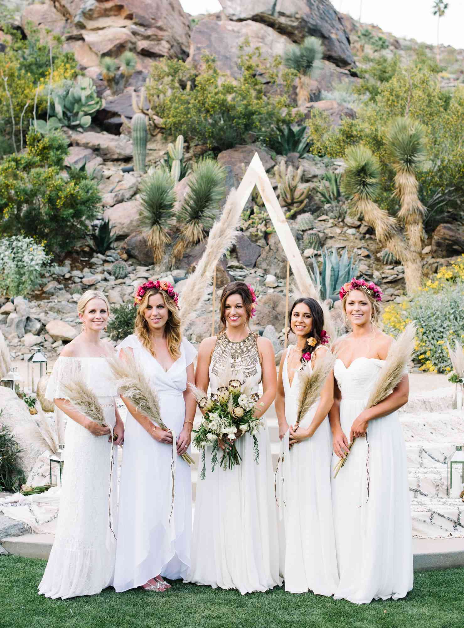 White Bridesmaids' Dresses with Colorful Accessories