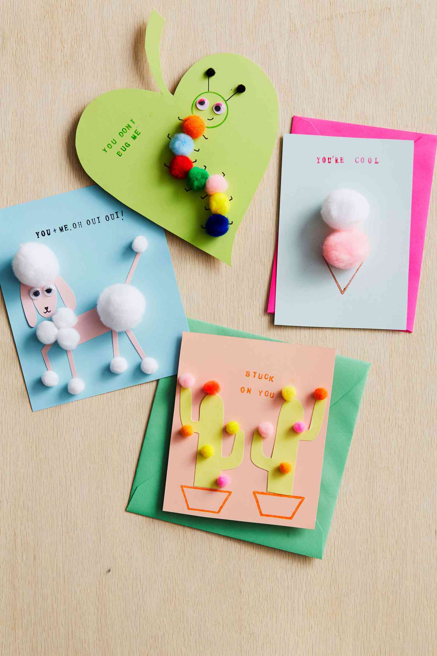 colorful childrens valentines day cards with pom poms
