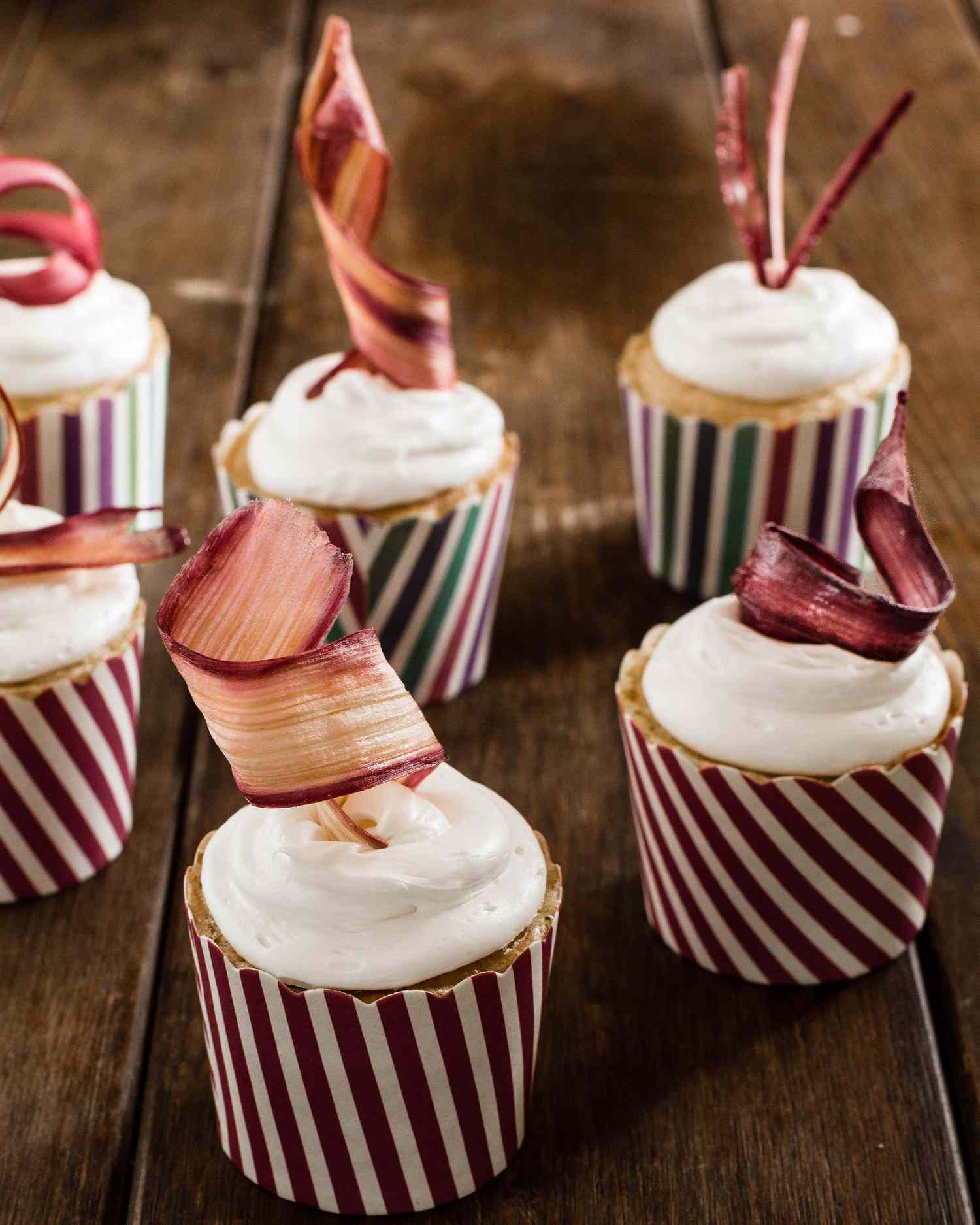 Rhubarb tuiles on cupcakes