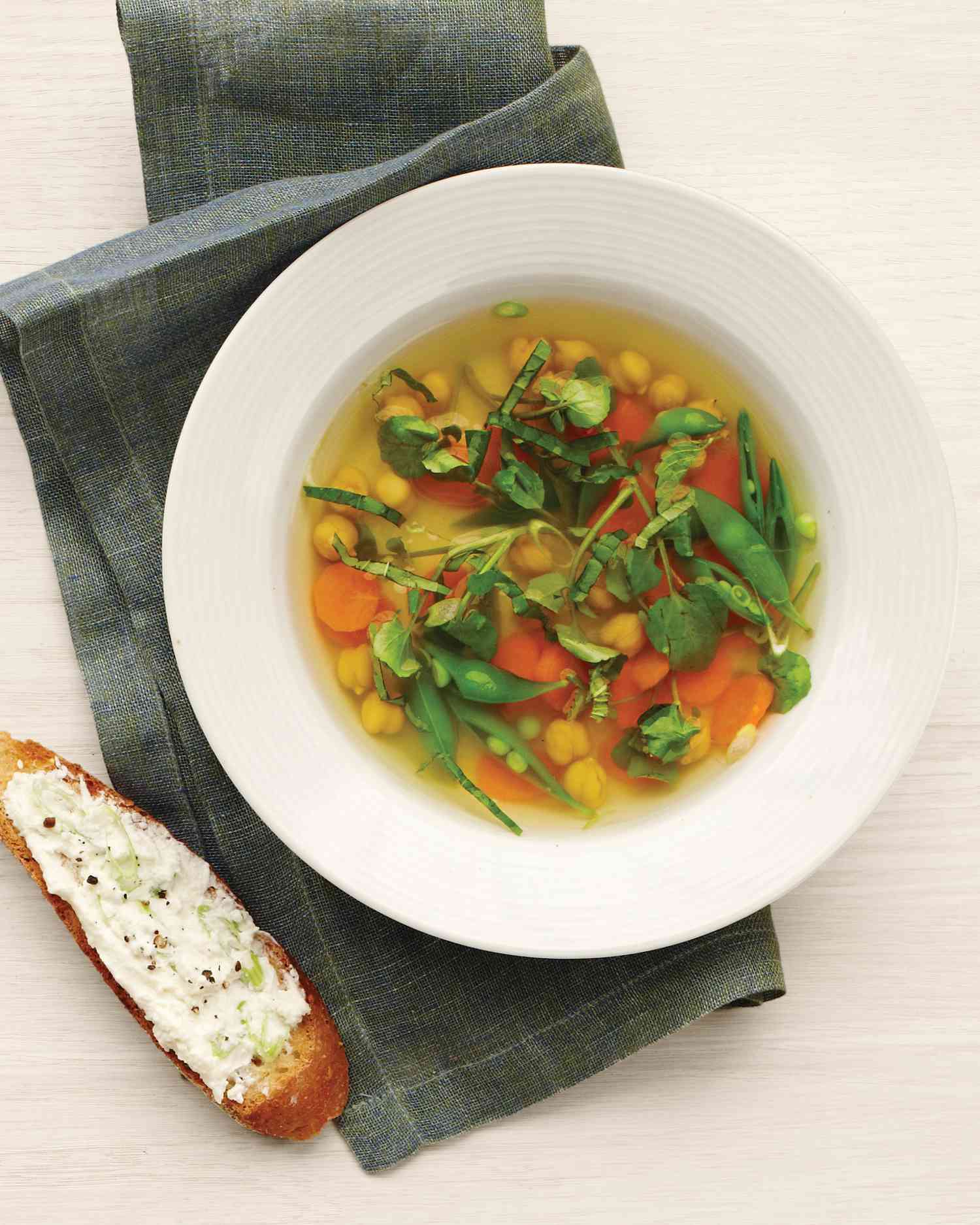 Spring Vegetable and Chickpea Soup with Cheese Toasts