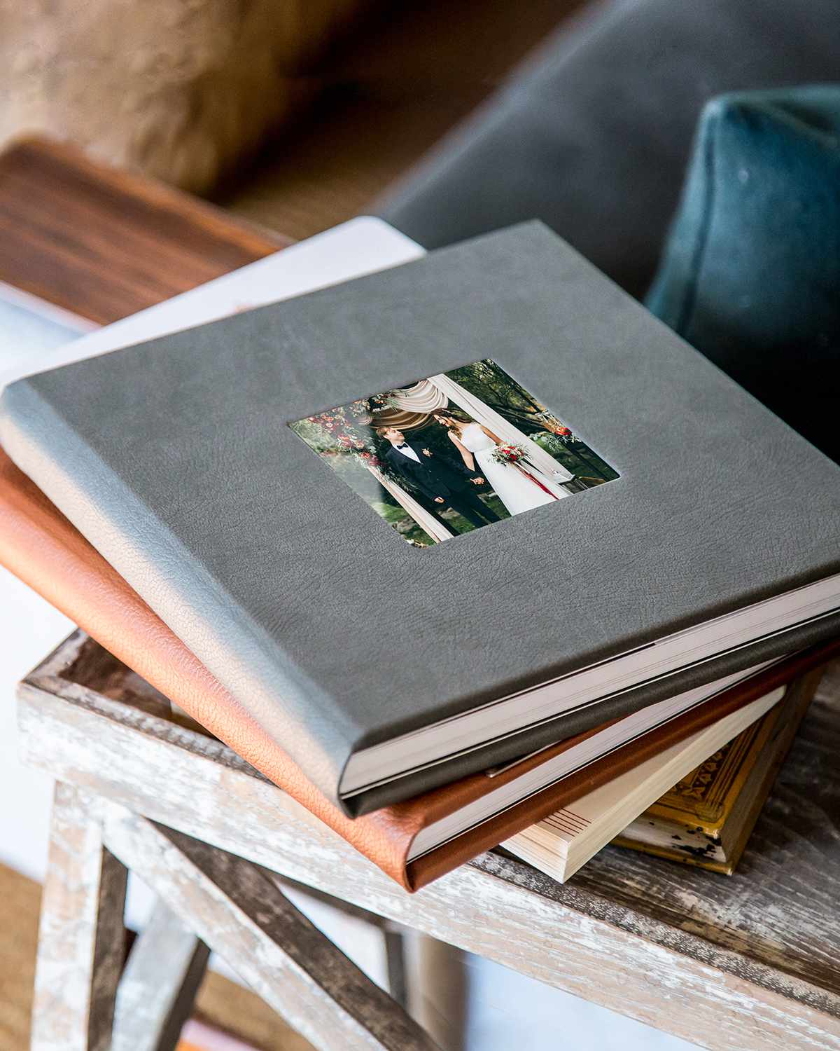 wedding photo albums lay-flat binding gray burnt orange on table