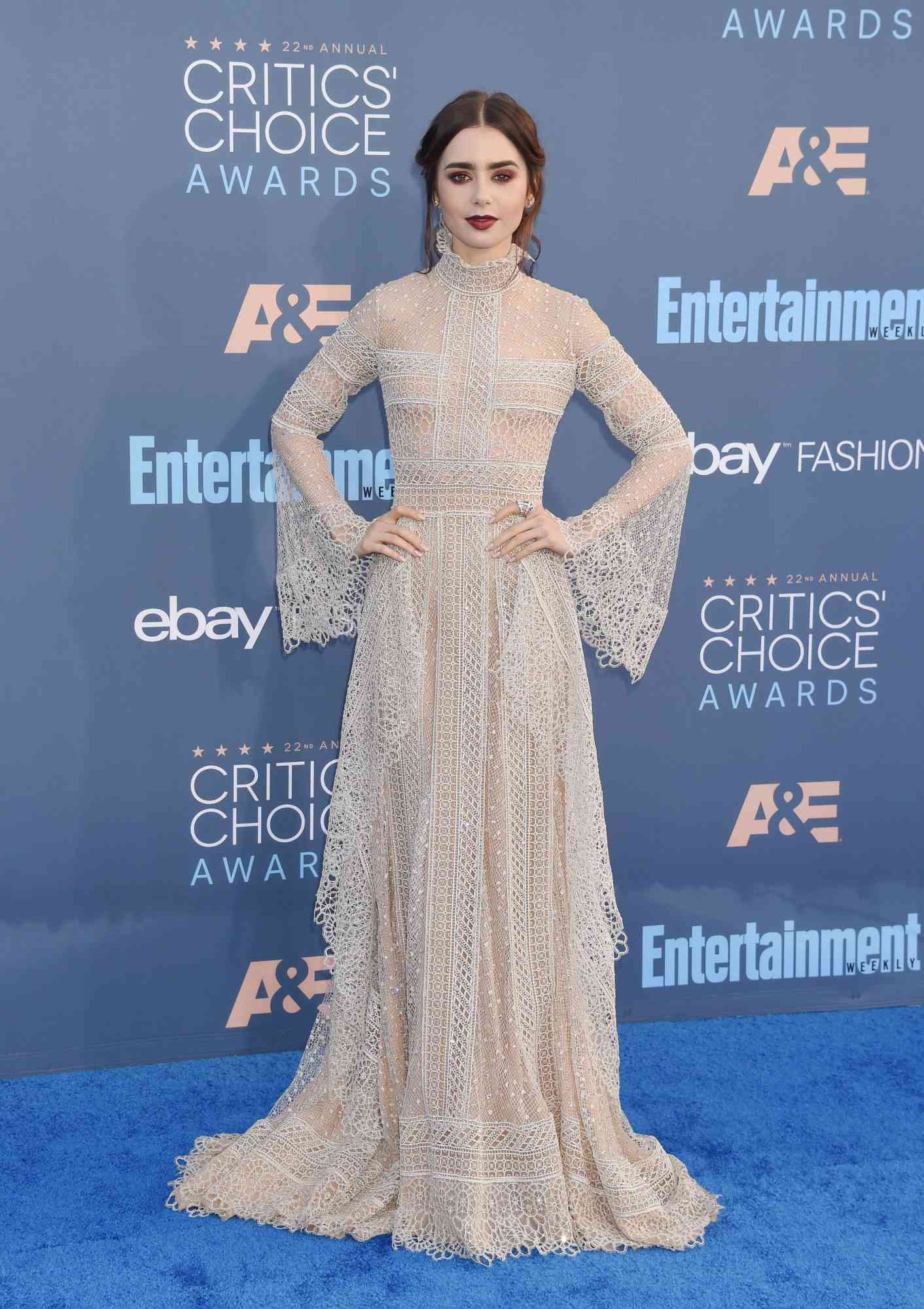 Lily Collins wearing Elie Saab on the Critics Choice Awards Red Carpet