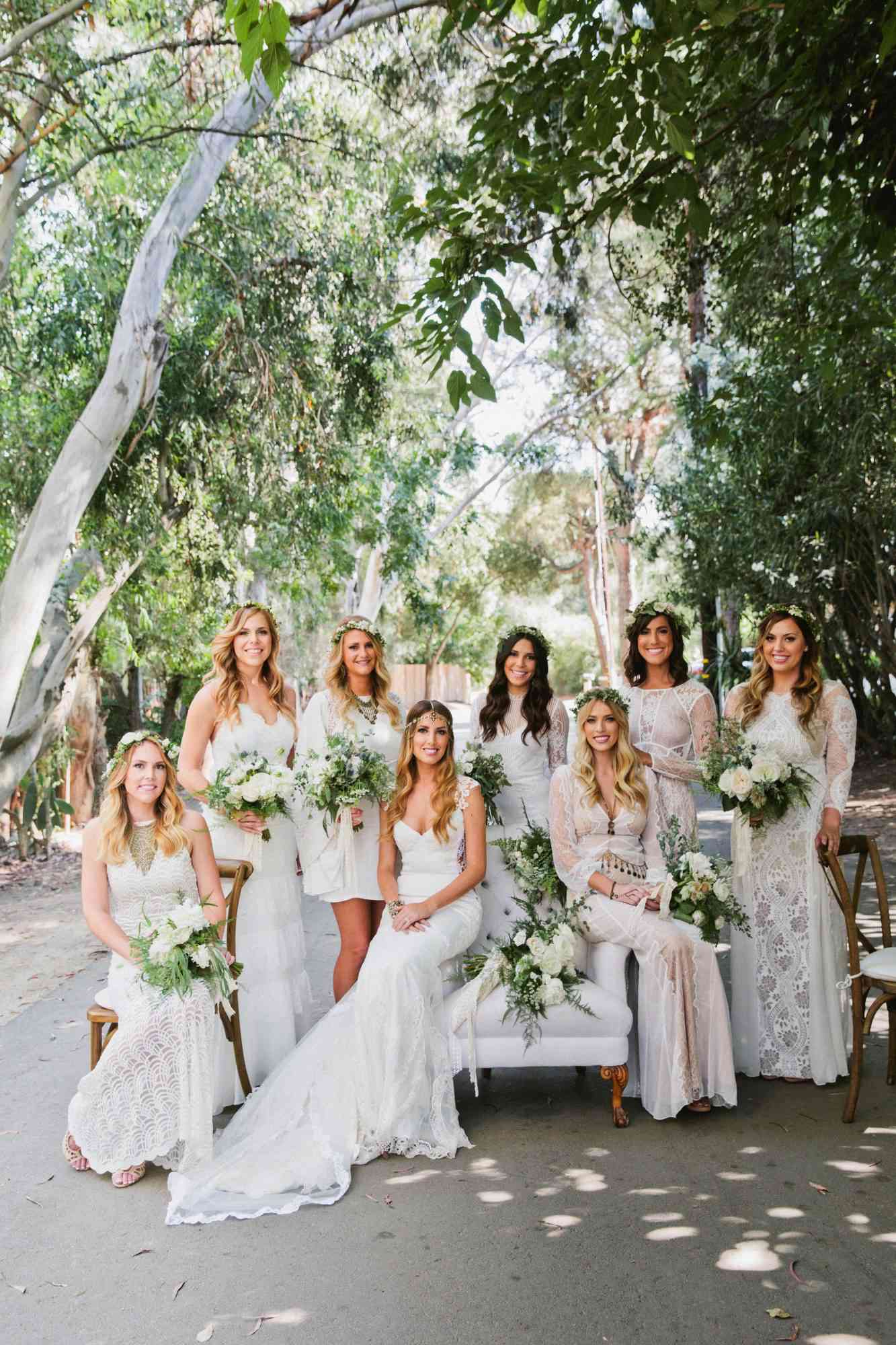 chic bridesmaids bohemian style gowns with flower crowns