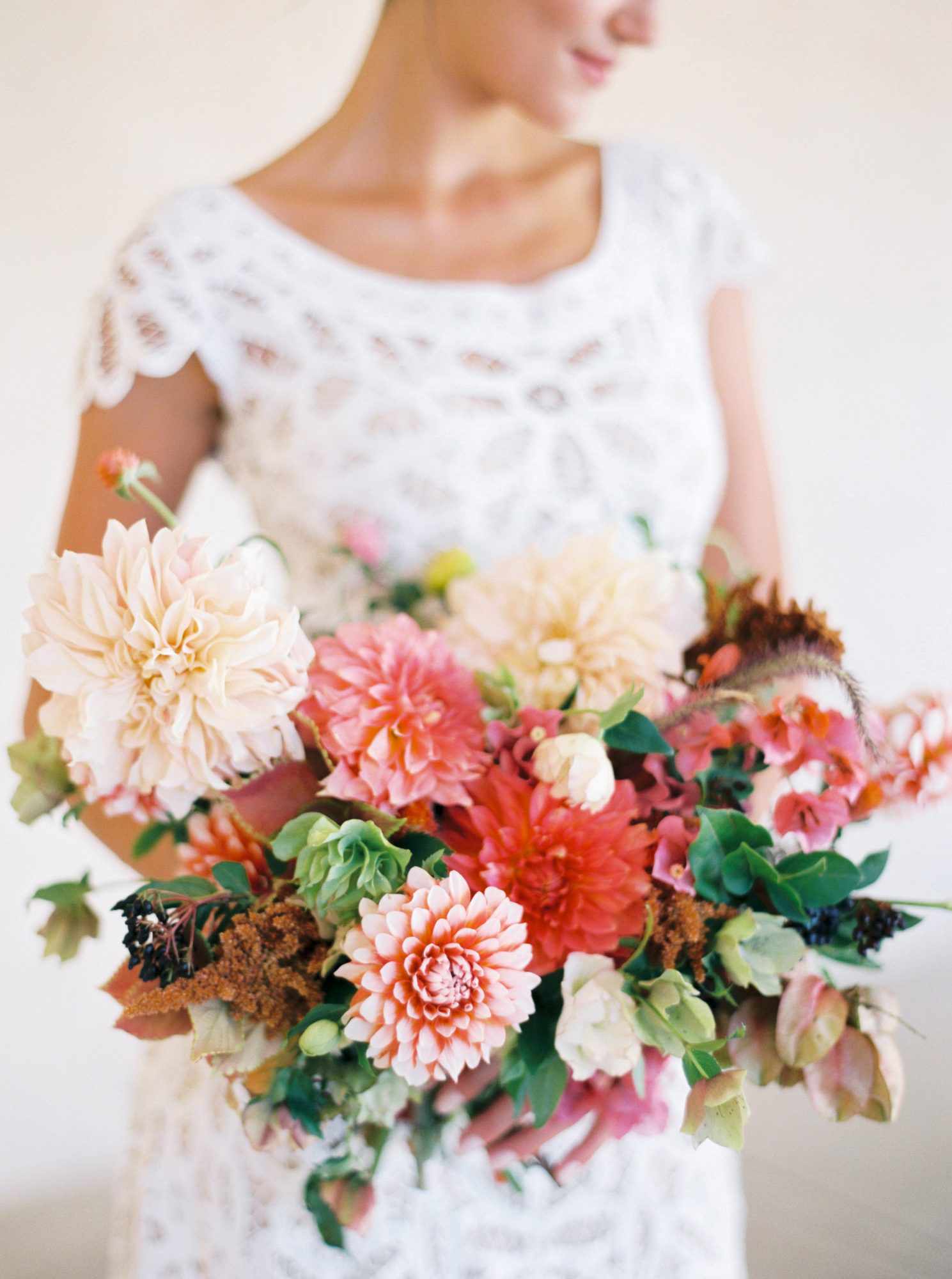 bride dahlia bouquet pastel peach coral flowers