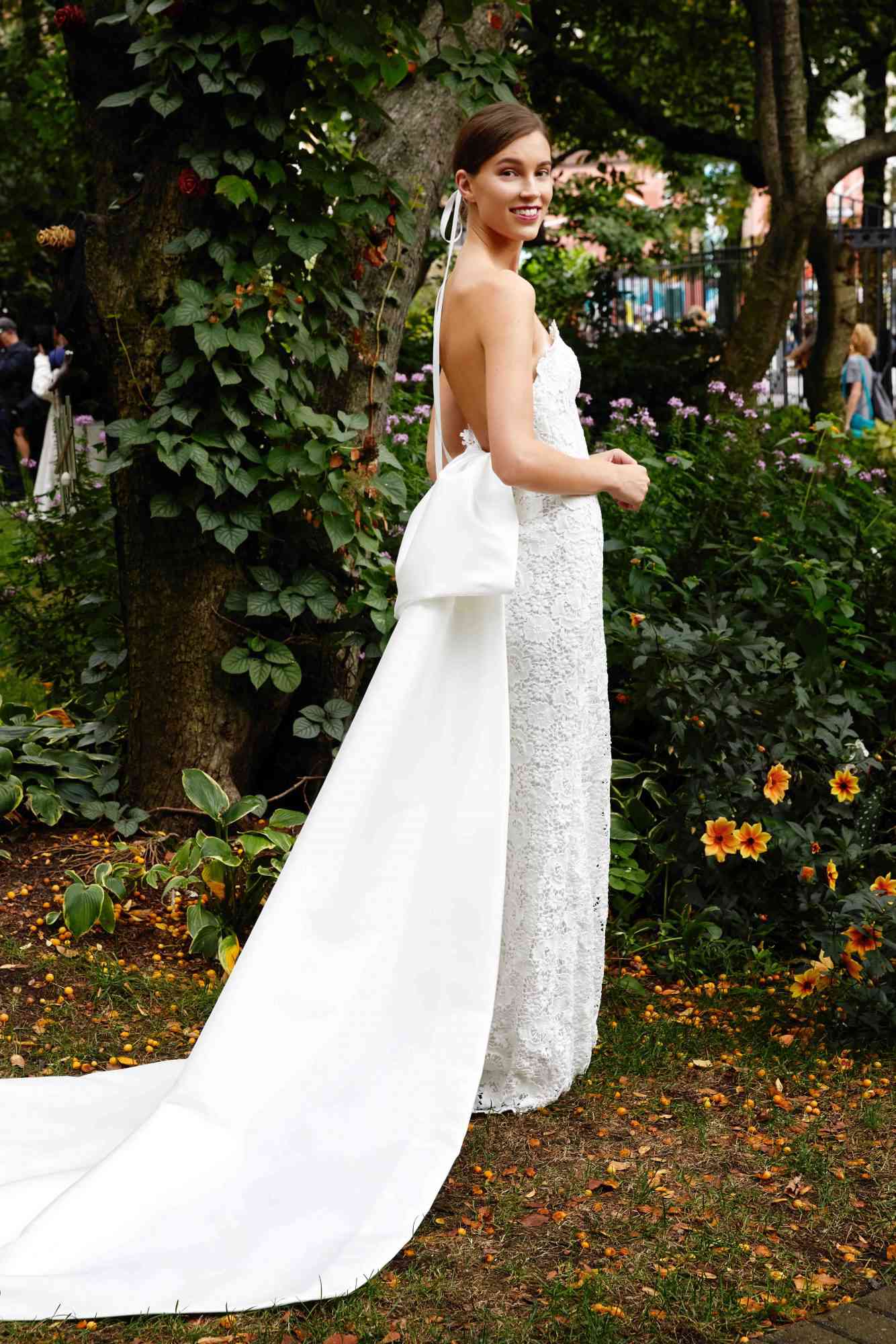 lela rose strapless wedding dress with train fall 2019