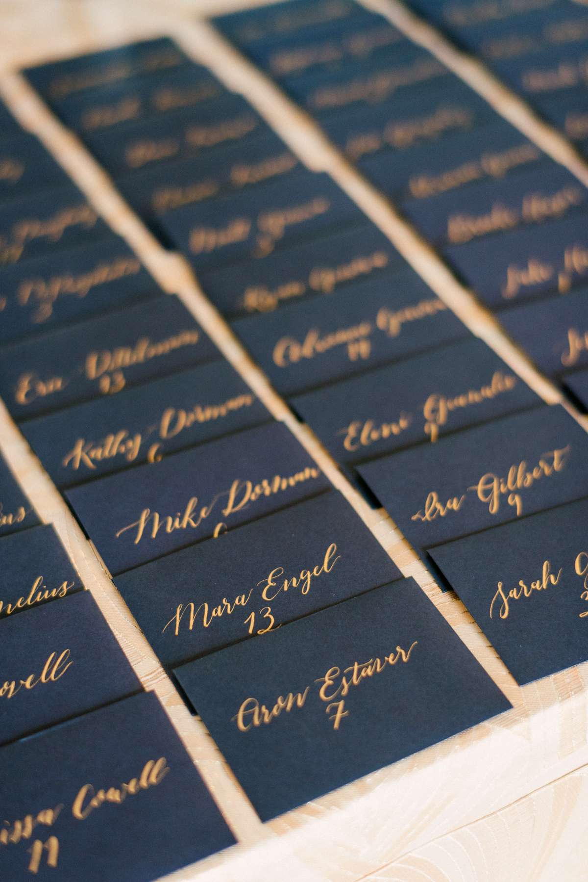 gold and navy escort cards