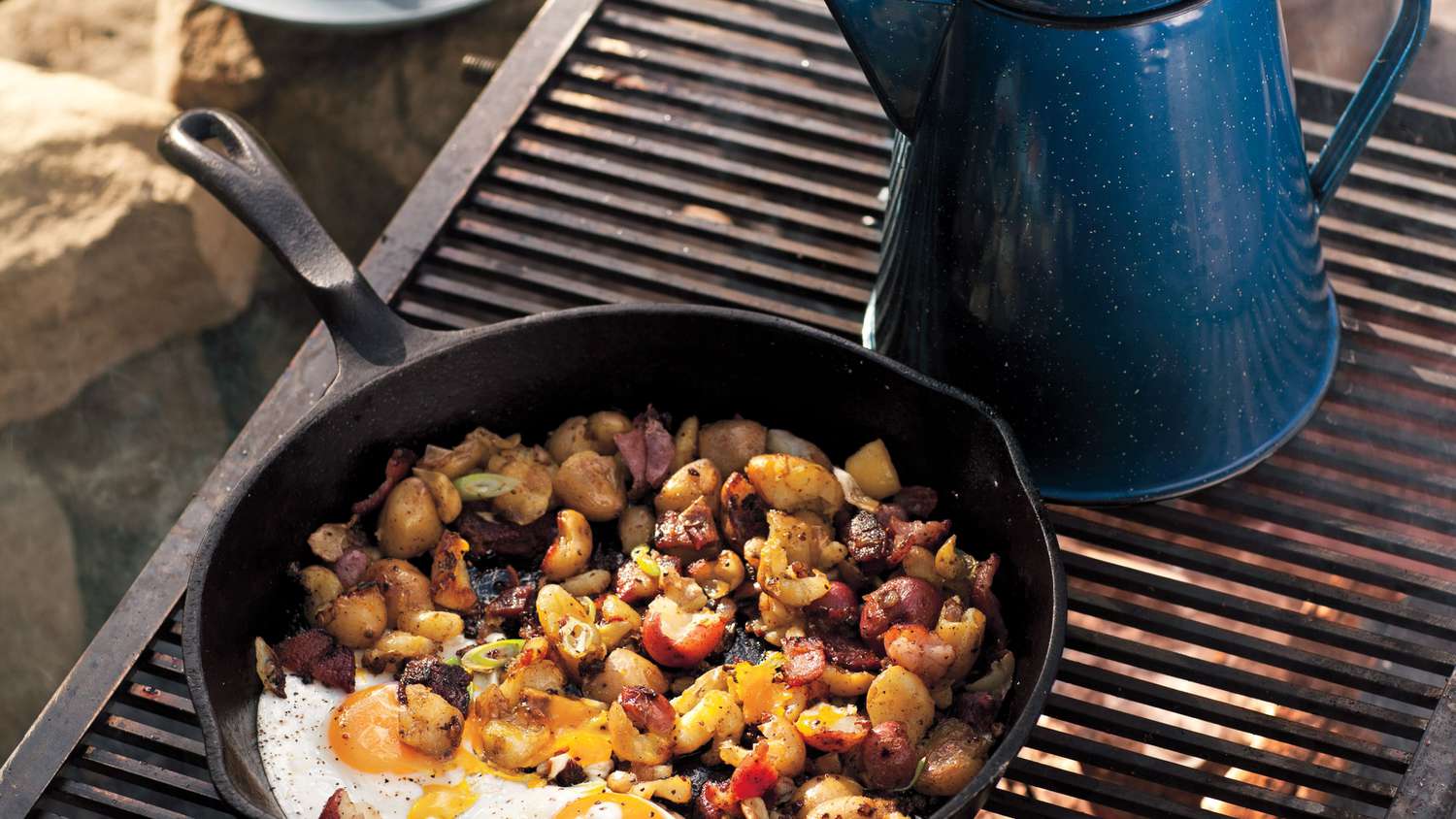 Campfire Fried Eggs with Potato-and-Bacon Hash