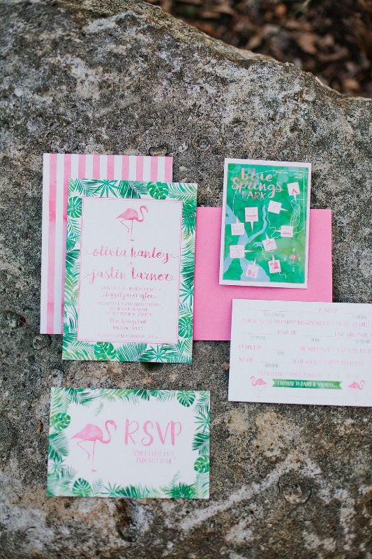 Bright pink and green flamingo wedding invitations