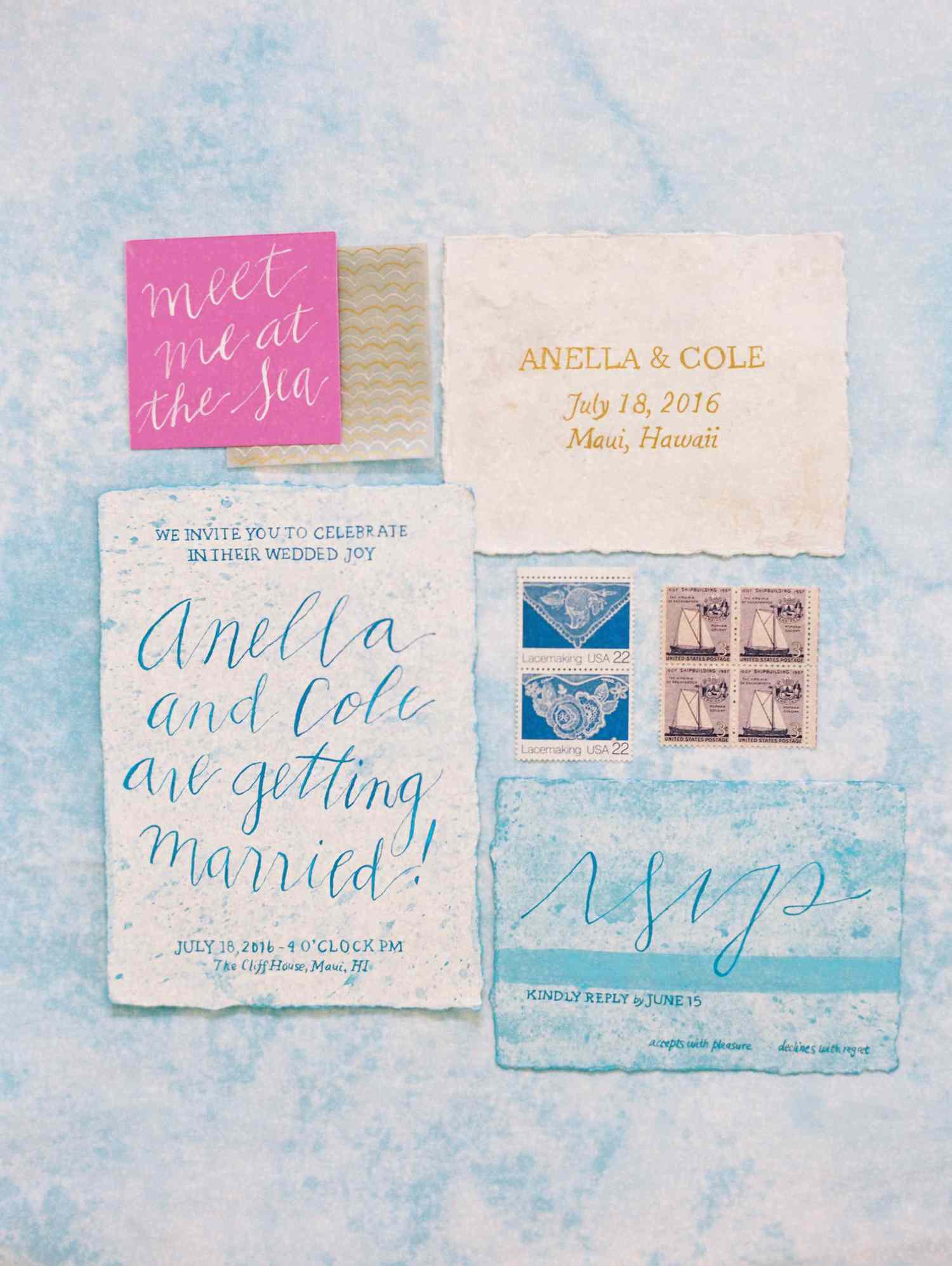 Soft blue ocean wedding invitations with hand lettering