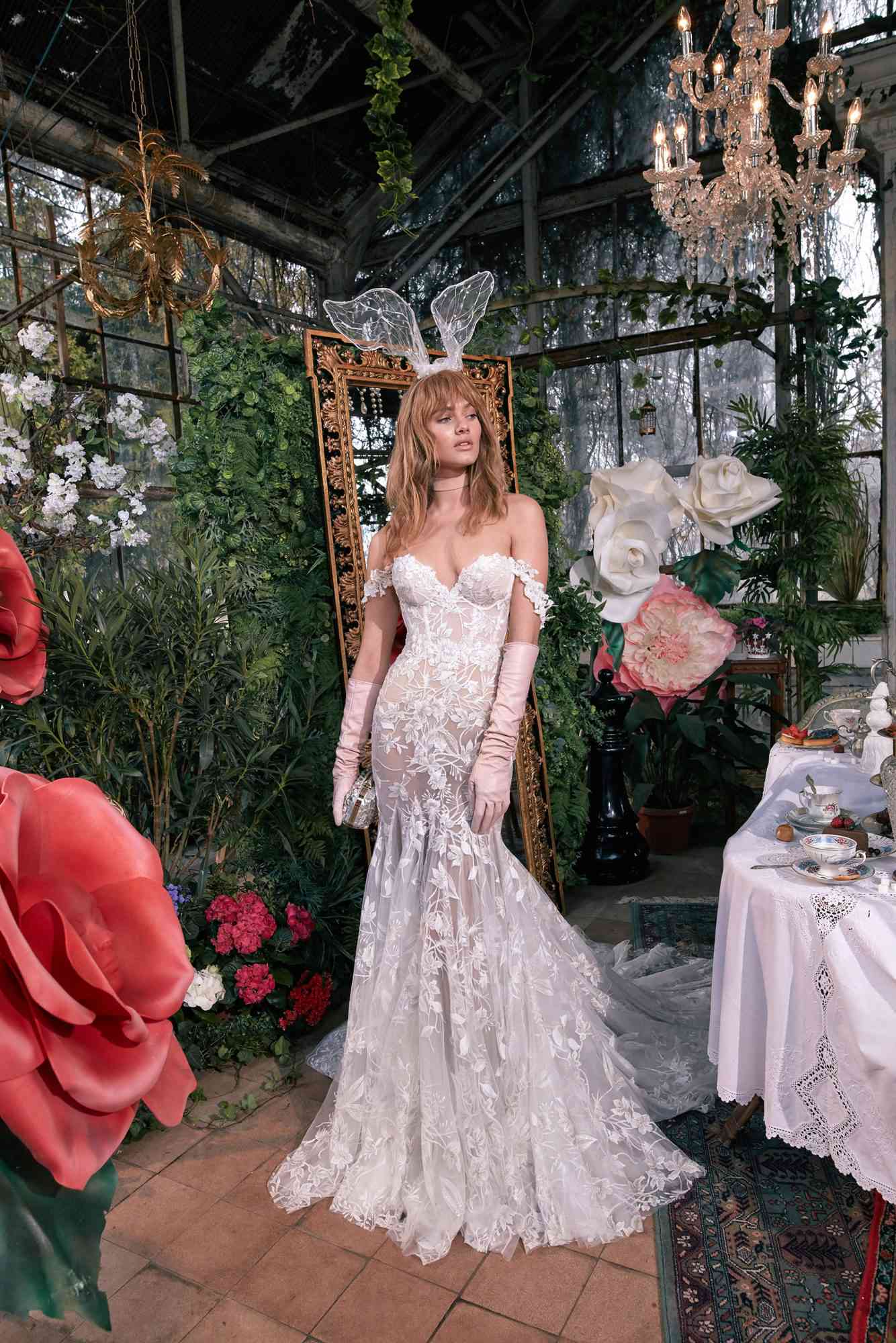 off-the-shoulder sweetheart exposed boning sheer lace trumpet wedding dress Gala by Galia Lahav Spring 2020