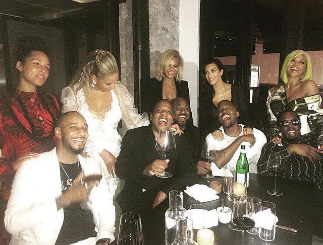 Alicia Keys and Swizz Beatz, Beyonc&eacute; and Jay Z, Lauren Branche and Steve Stout, Kim Kardashian and Kanye West, and Sean Combs and Cassie all pose for a photo after the 2016 VMAs