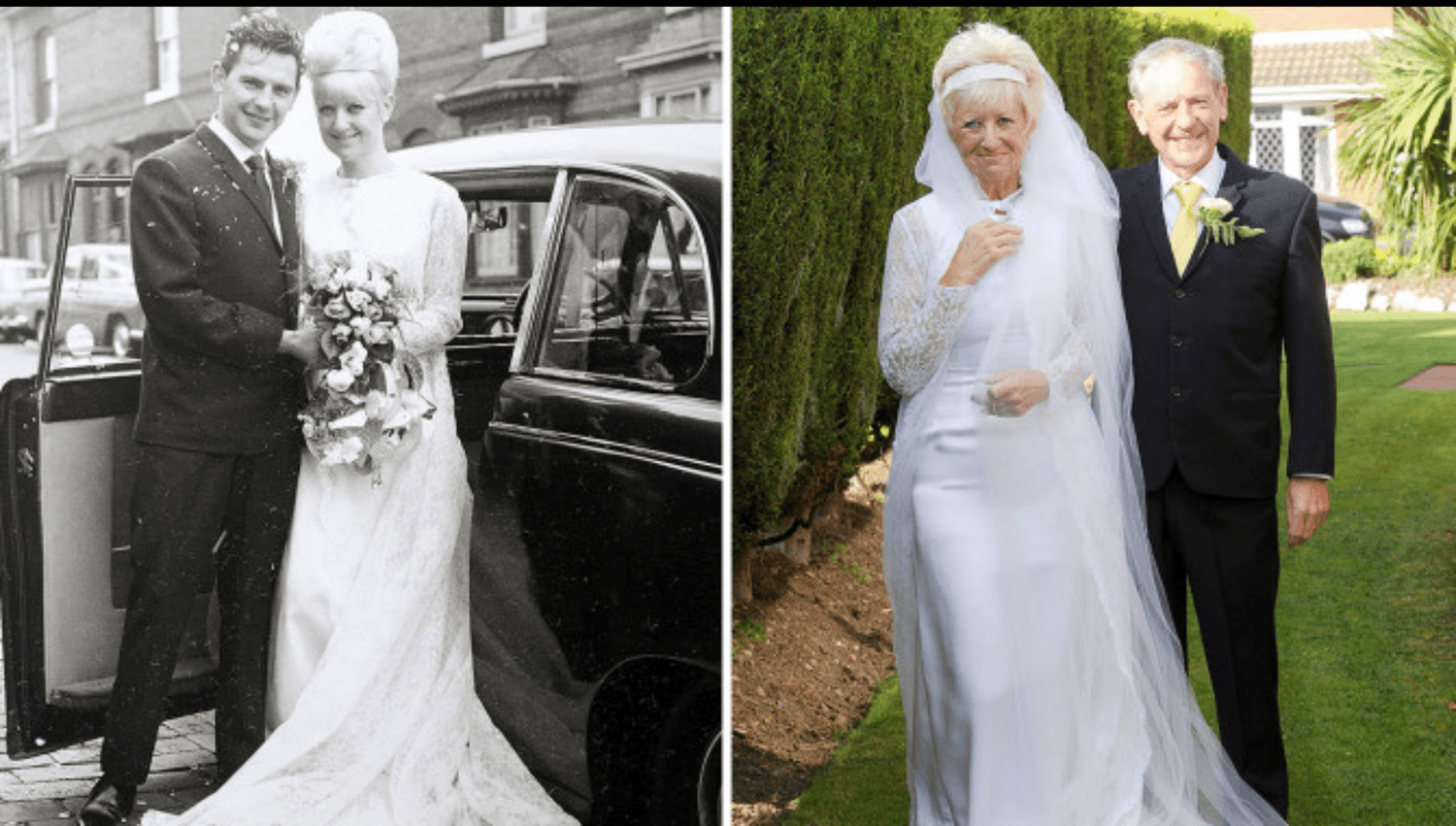 Couple wears their wedding outfits for their 50th anniversary