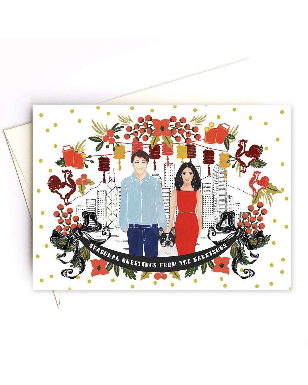 newlywed holiday card drawing of couple
