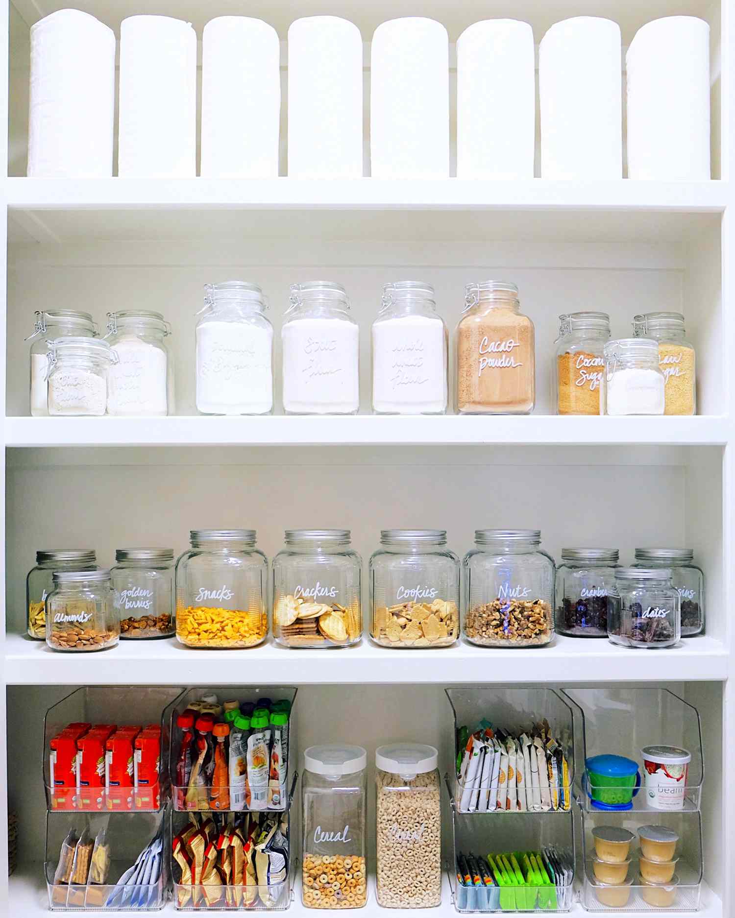 pantry organization labeled jars snacks trays