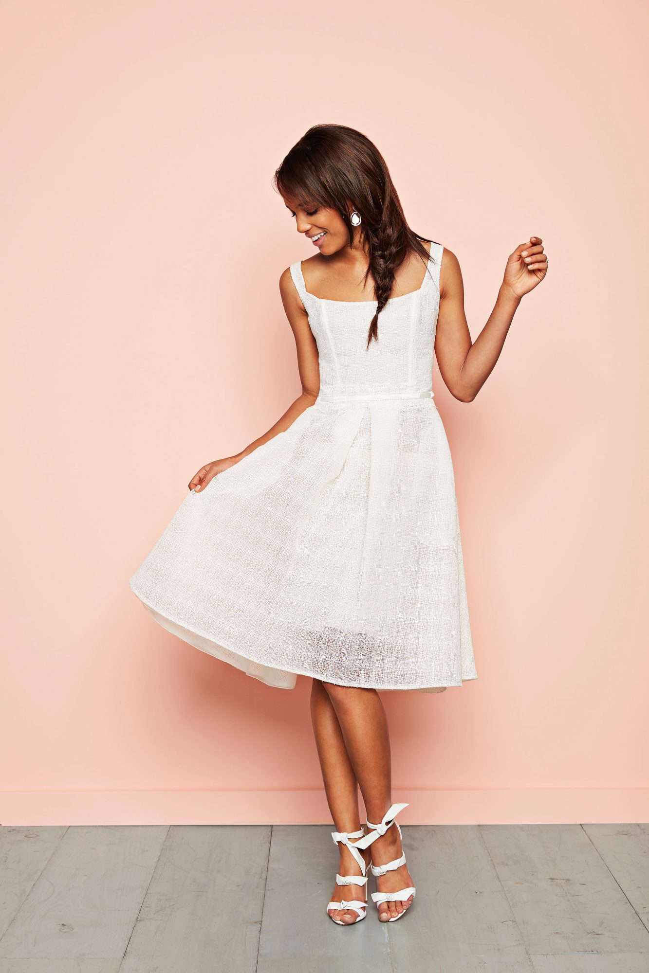 white flare dress knotted sandals cymbeline