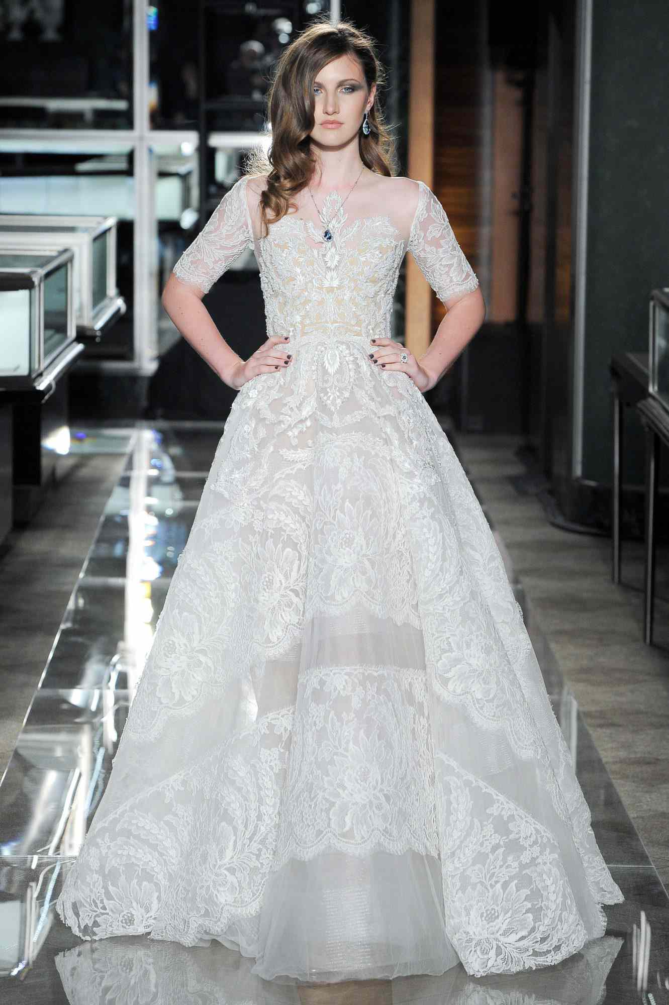 reem acra spring 2018 a-line lace wedding dress with three-quarter length sleeves