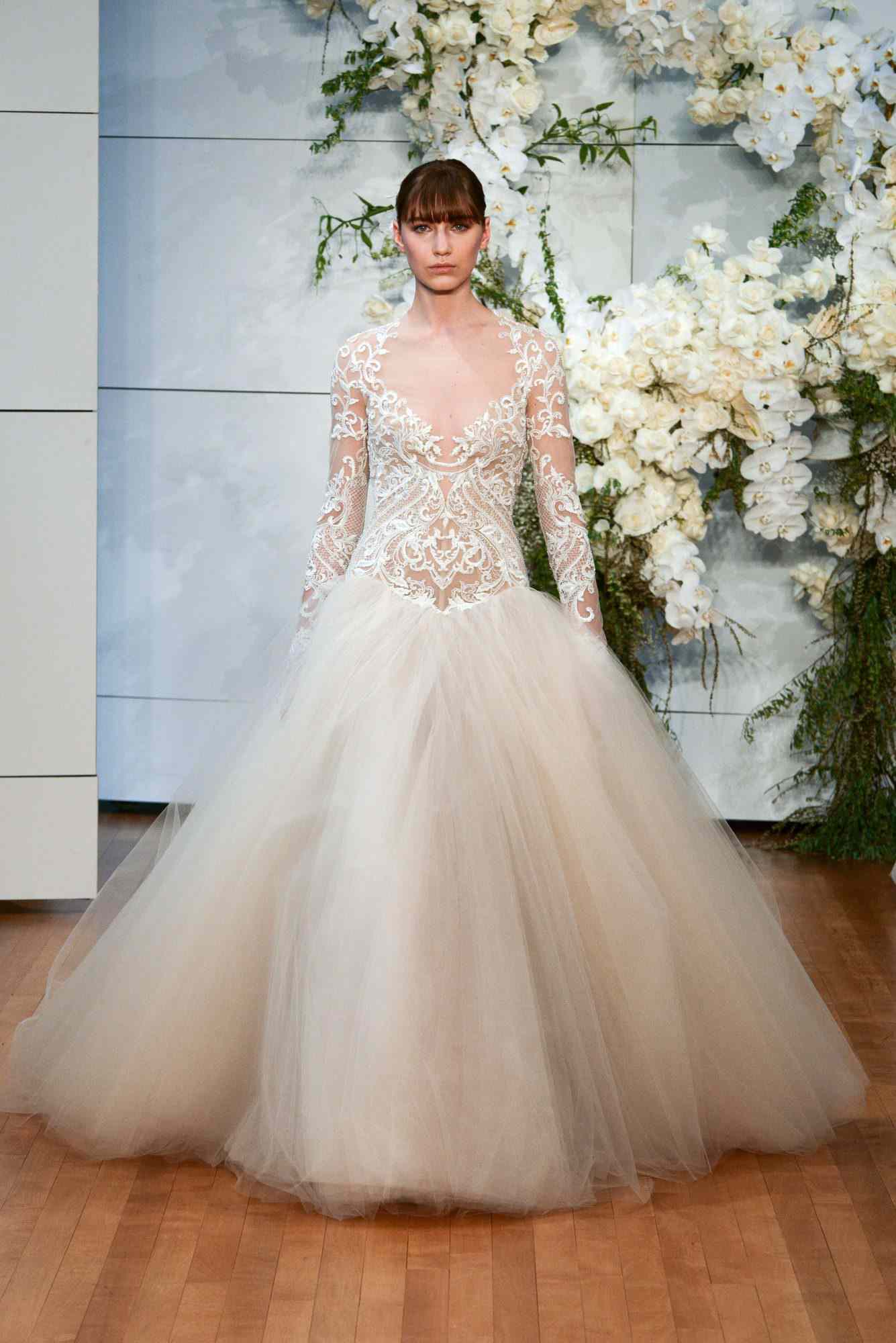 monique lhuillier tulle long sleeves ballgown wedding dress spring 2018