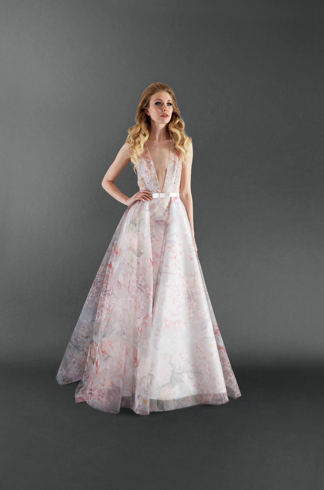 randi rahm v-neck pink floral wedding dress spring 2018