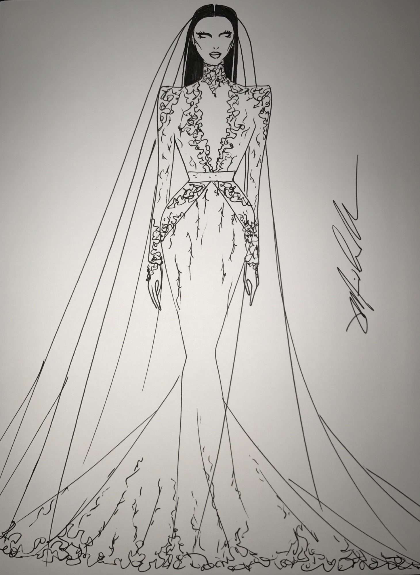 Sketch of Nicole Williams wedding dress by Michael Costello