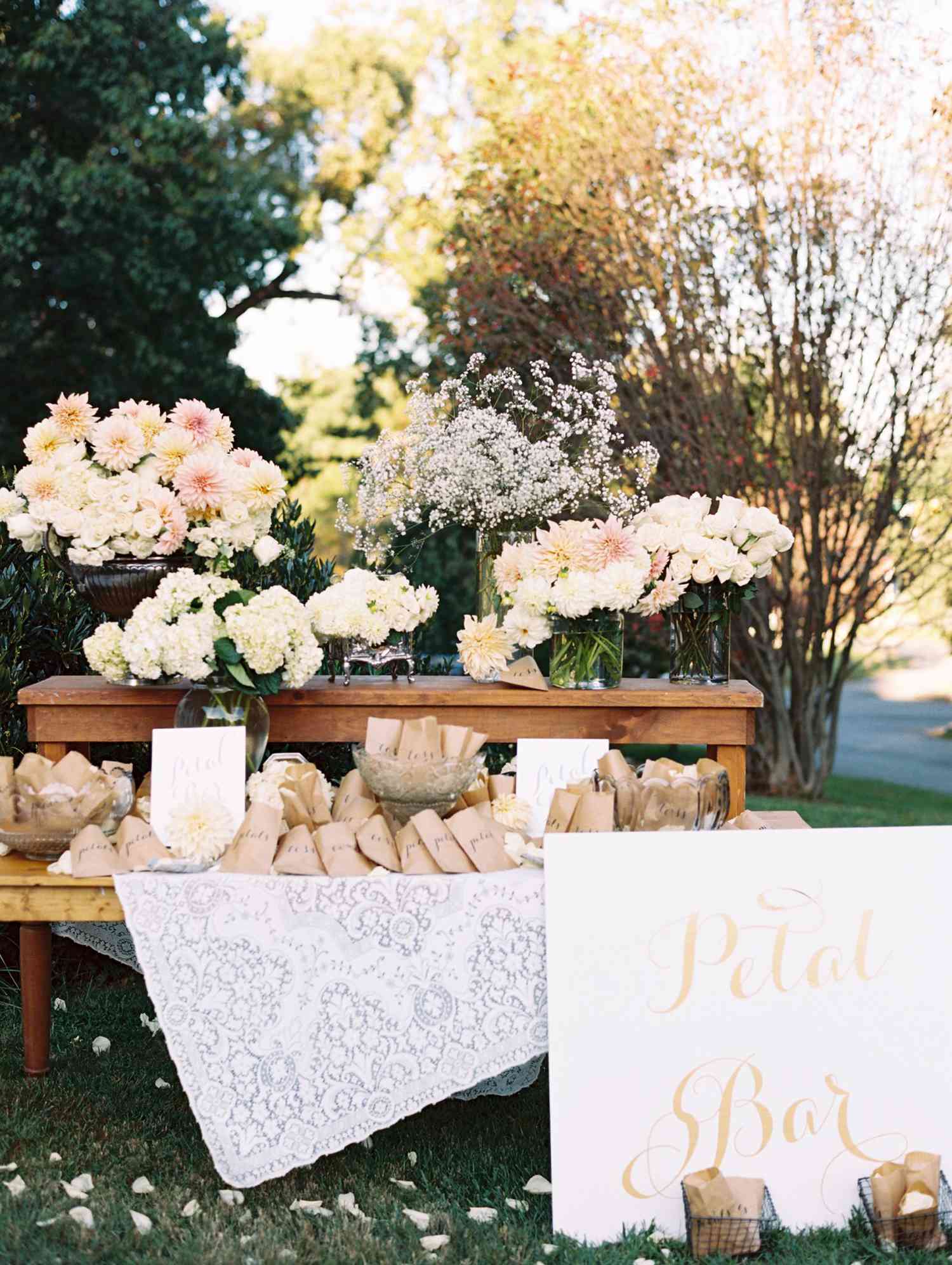 Wedding Ceremony Petal Bar with Sign, Bags of Flower Petals