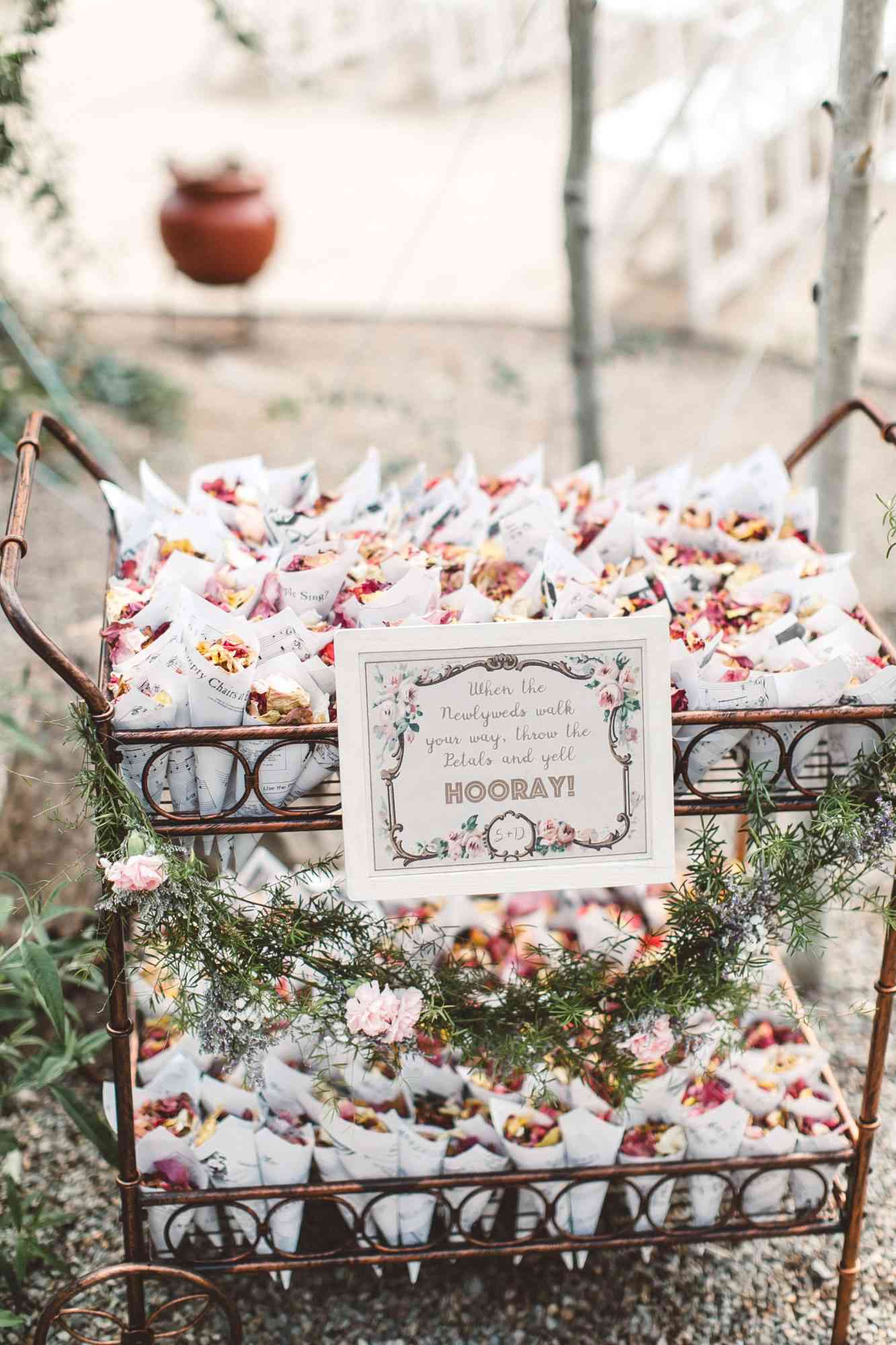 Wedding Flower Petal Bar, Flower Petals in Brass Cart