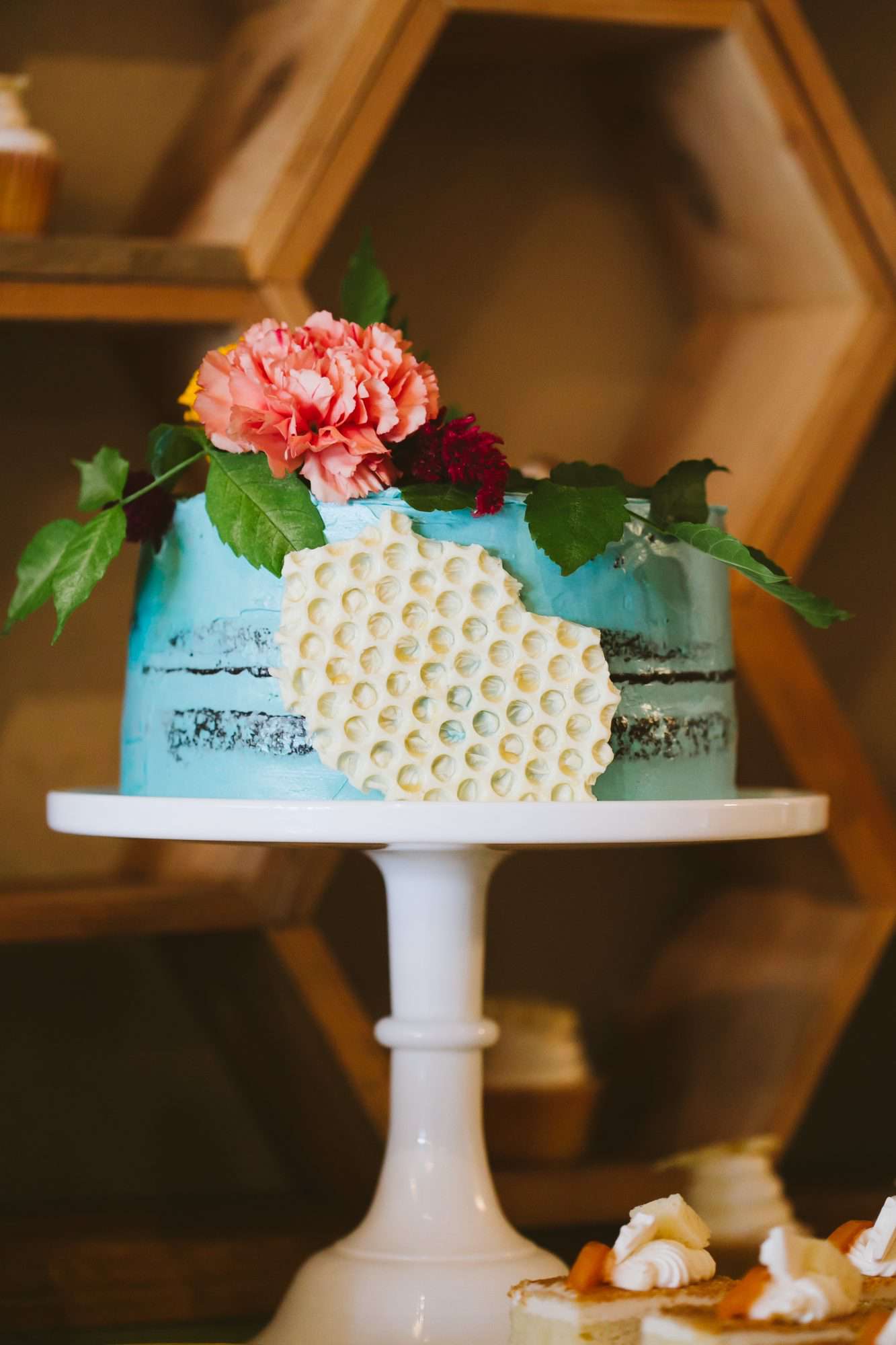 Honeycomb Wedding Inspiration, Wedding Cake with Honeycomb Motif on Side