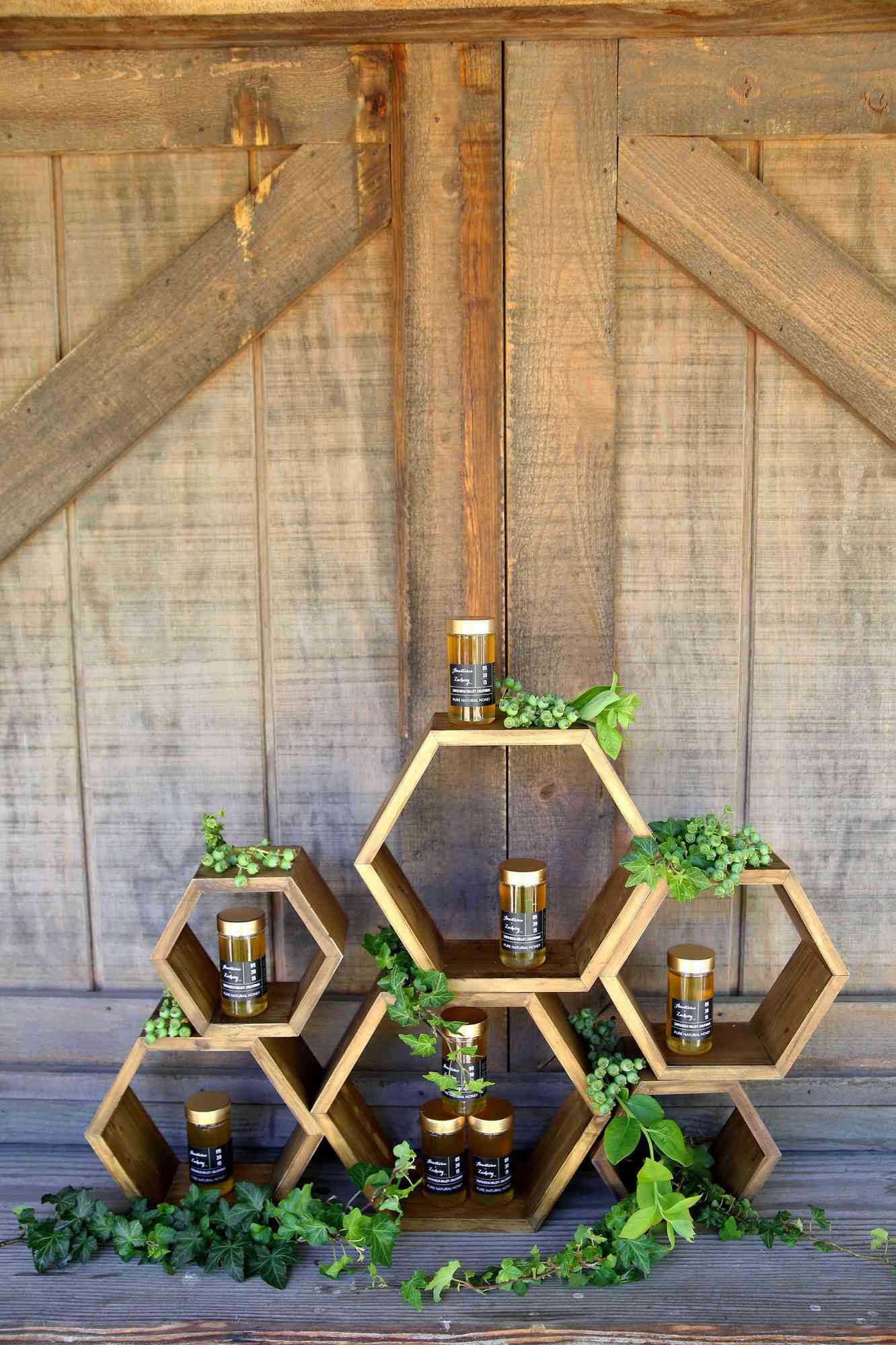 Honeycomb Wedding Inspiration, Honeycomb Shaped Favor Shelf with Honey Favors