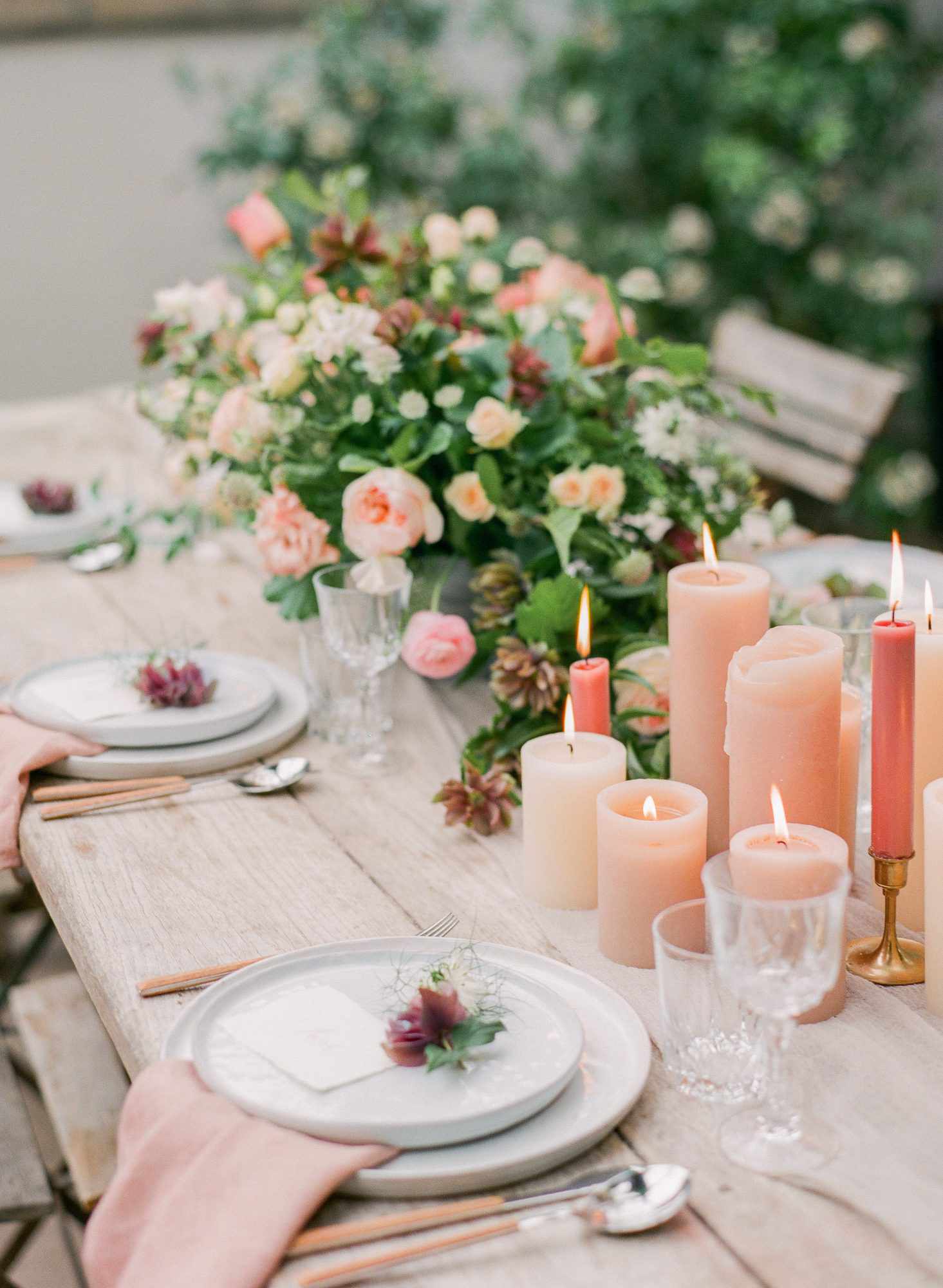 summer wedding centerpieces peach peonies and candles