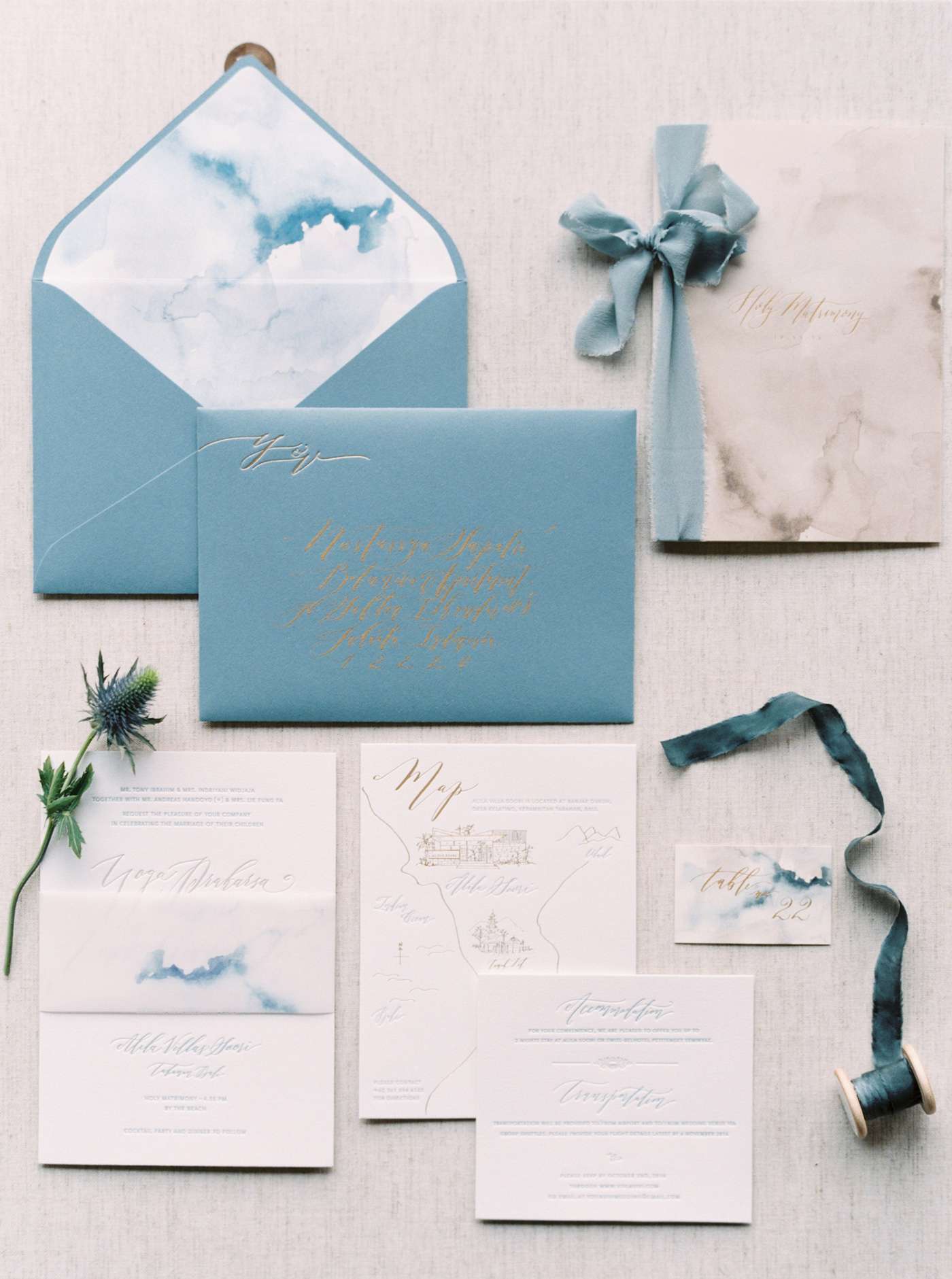 blue wave watercolor wedding invites