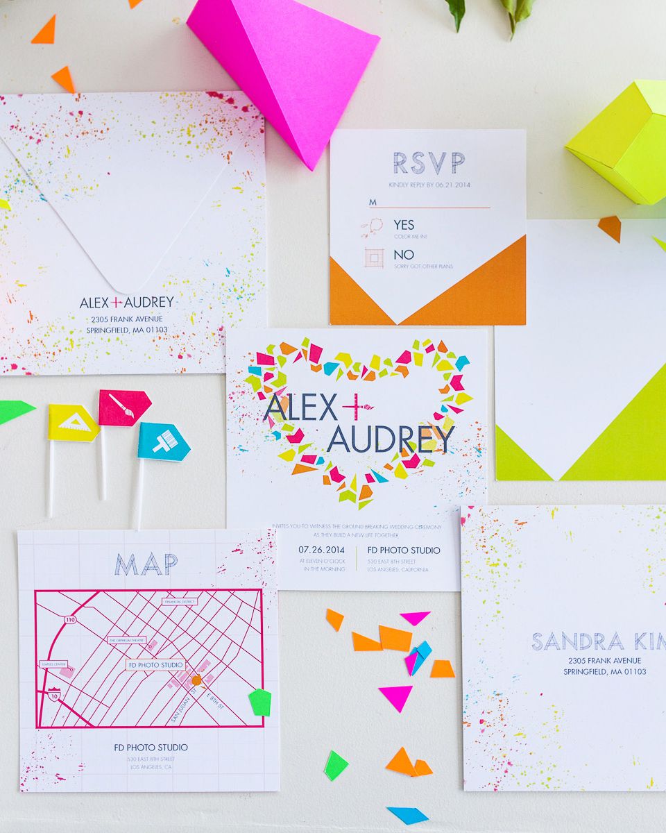 neon polygons geometric wedding invitations