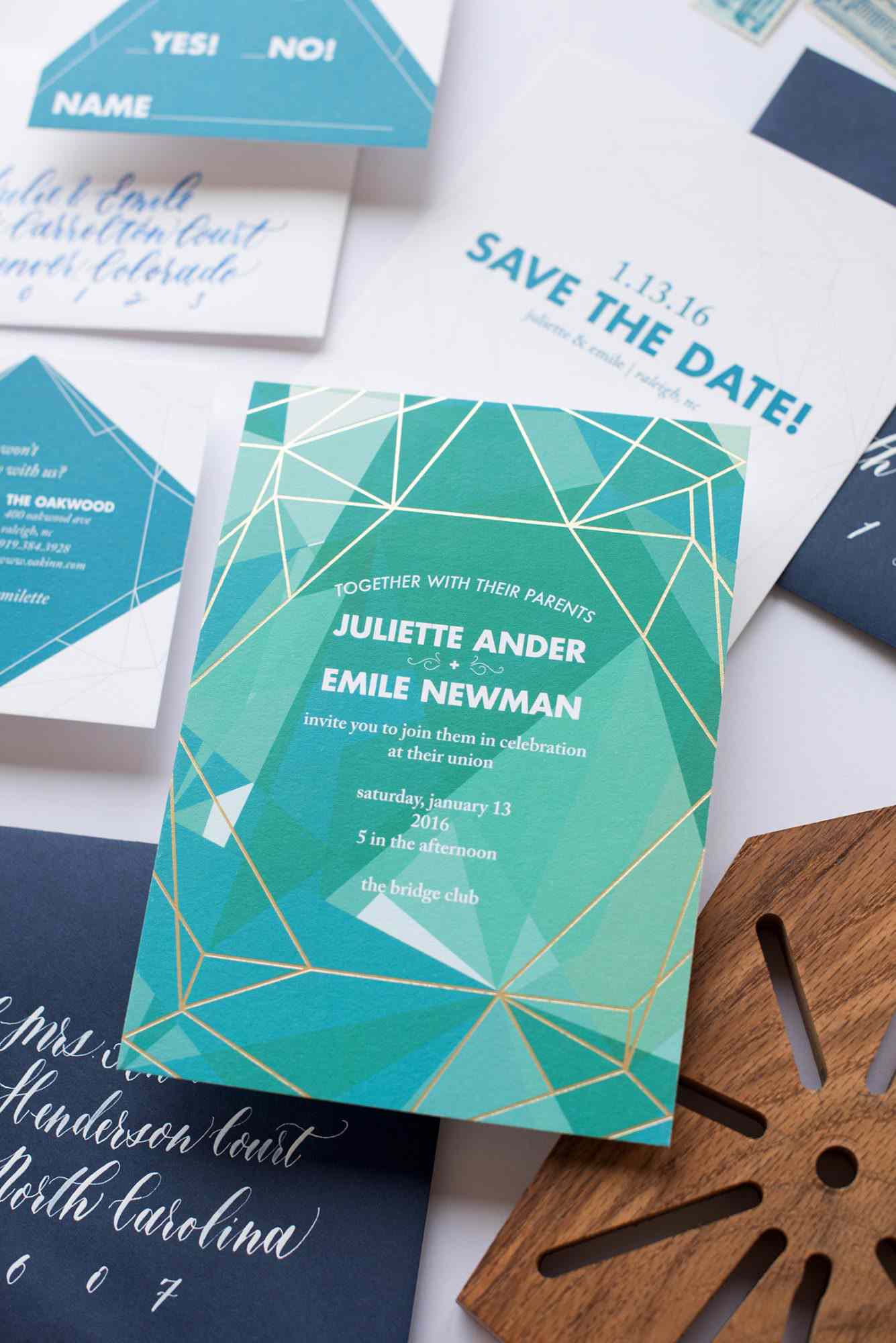 gemstone and gold geometric wedding invitations