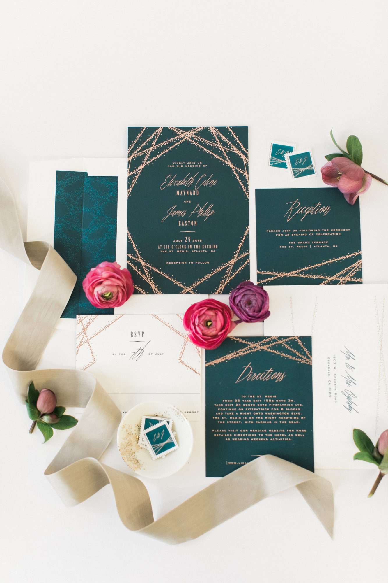 green-and-gold stationery suite