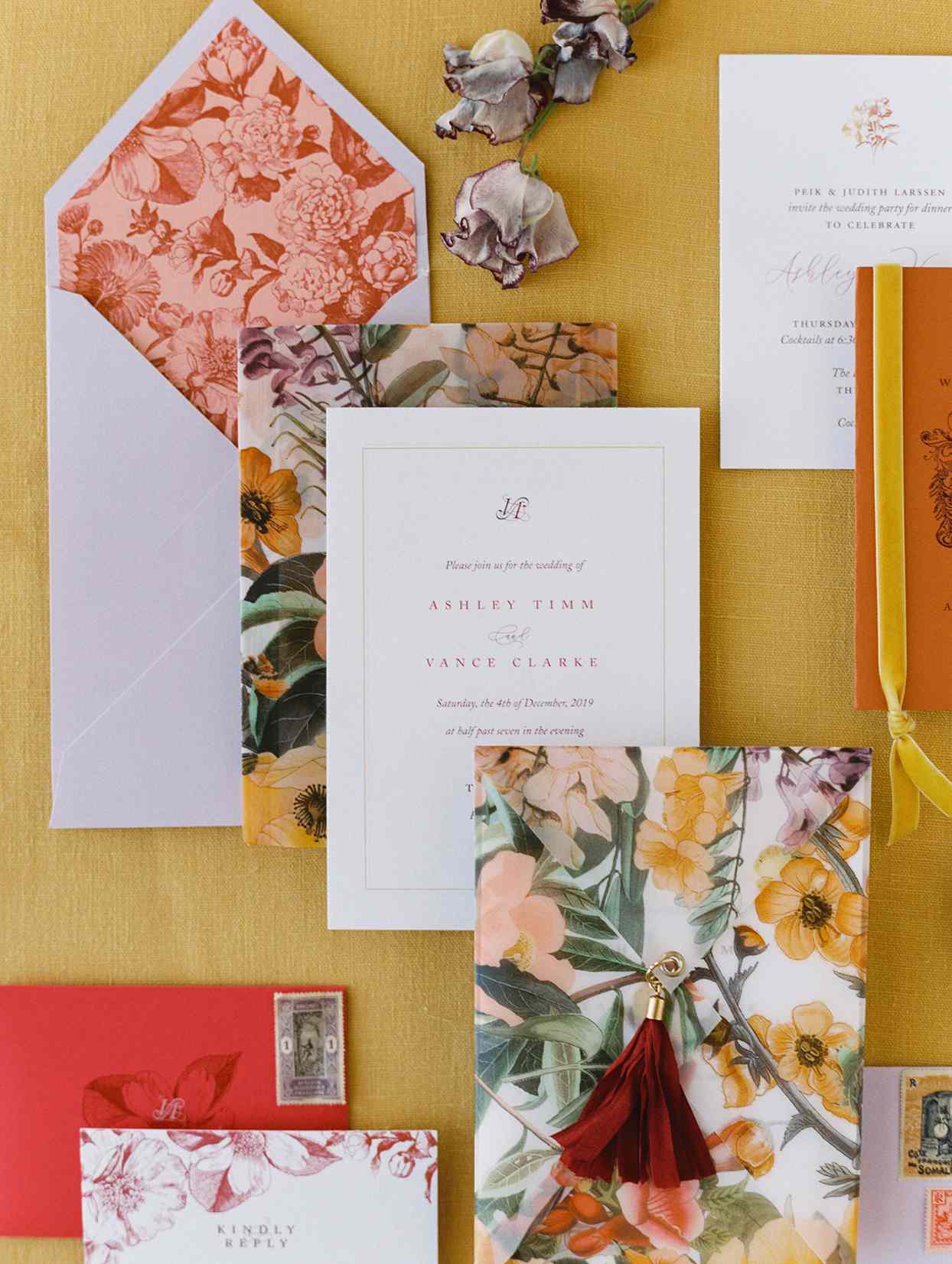 floral red and yellow fall wedding invites