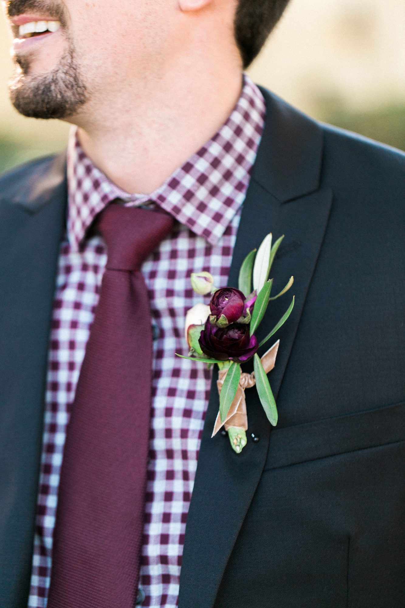gingham shirt and suit jacket boutonniere