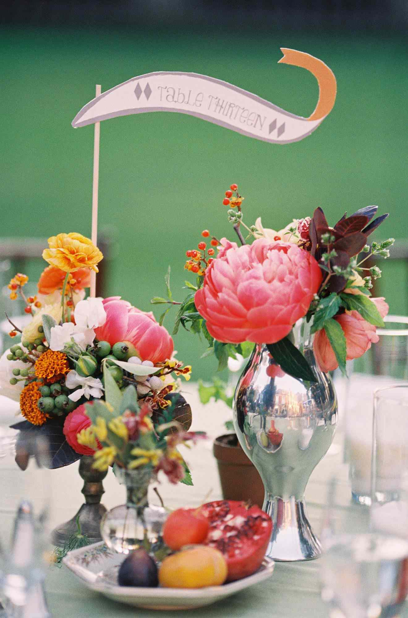 Peony Cluster Centerpieces with Greenery and Colorful Flowers