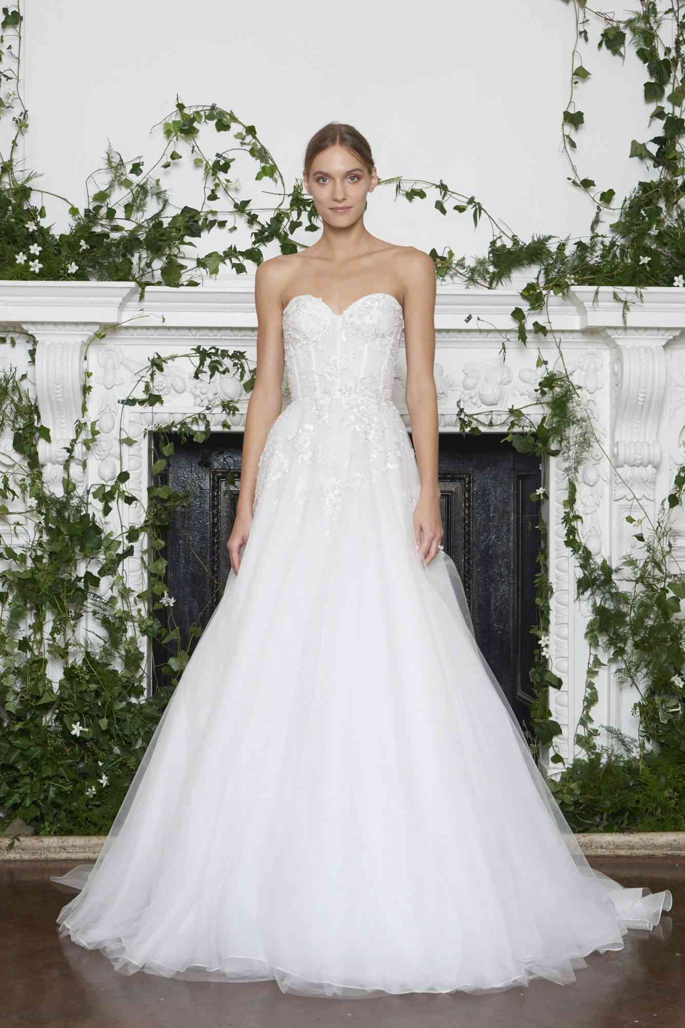 Monique Lhuillier Fall 2018 Strapless Lace Ball Gown with Exposed Boning