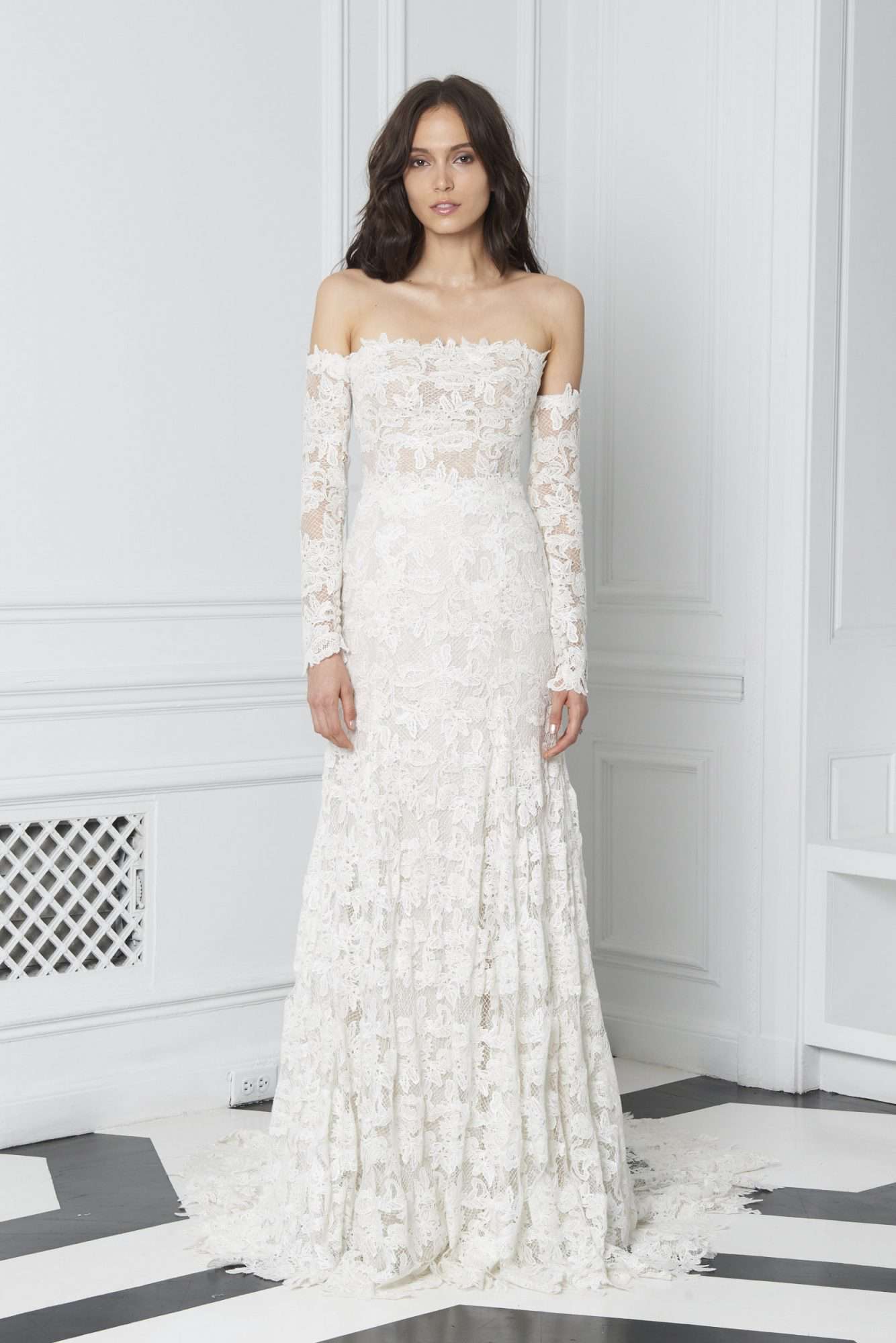 Monique Lhuillier Bliss Fall 2018 Off-the-Shoulder Lace Sheath with Long Sleeves