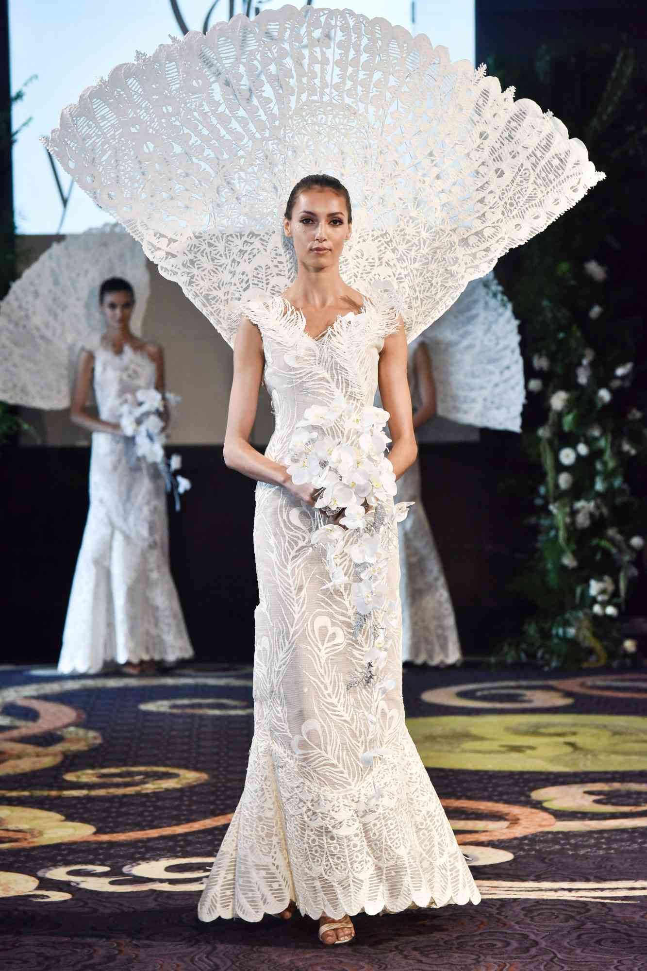 yumi katsura sheath white feather applique wedding dress with straps fall 2018