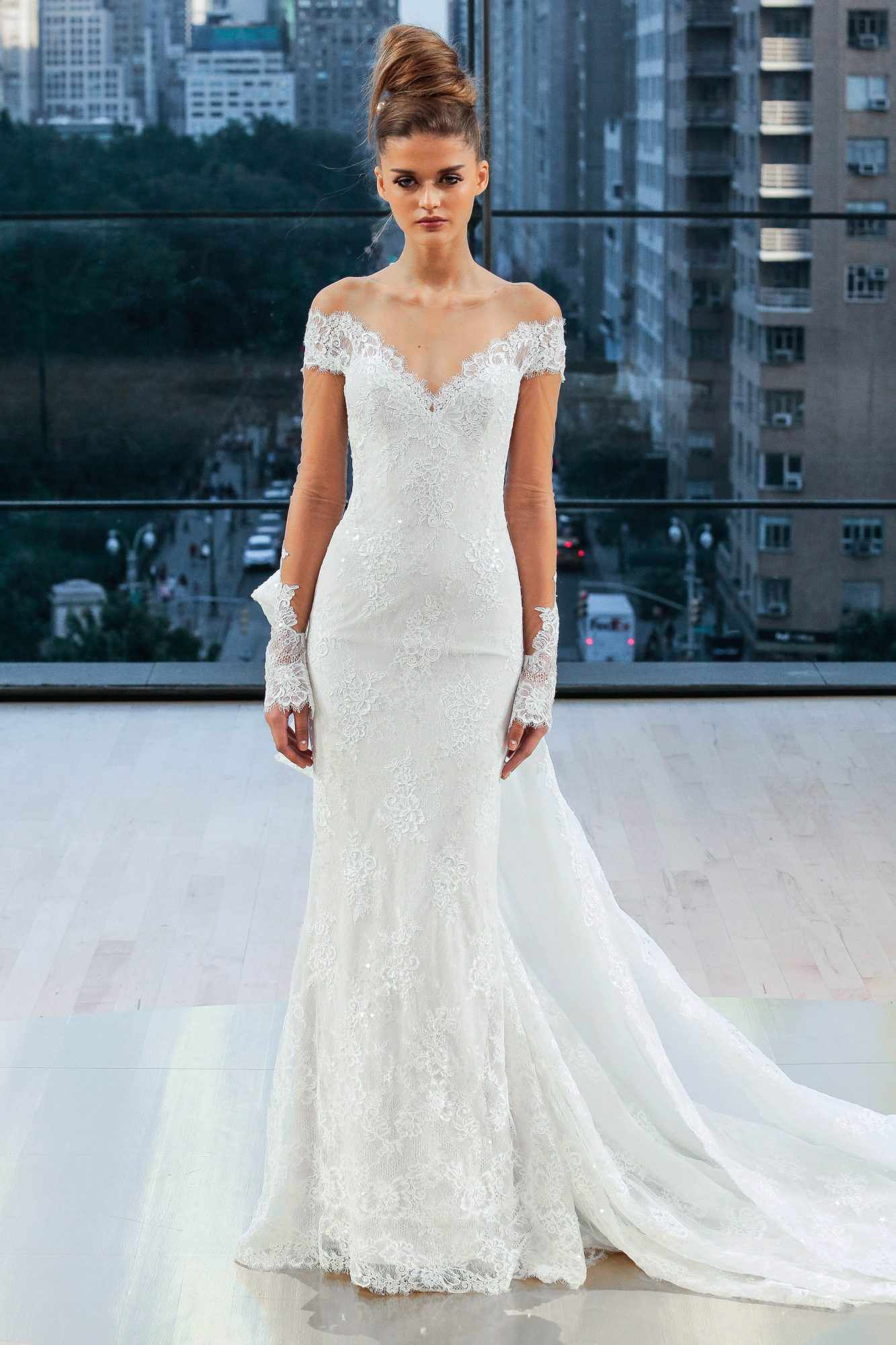 ines di santo wedding dress fall 2018 off the shoulder illusion lace long sleeves trumpet