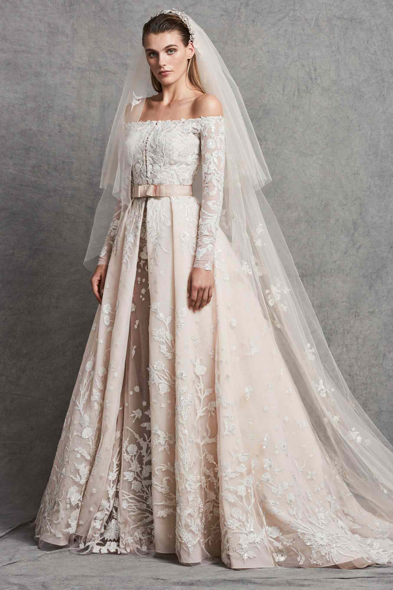 zuhair murad off-the-shoulder blush wedding dress fall 2018